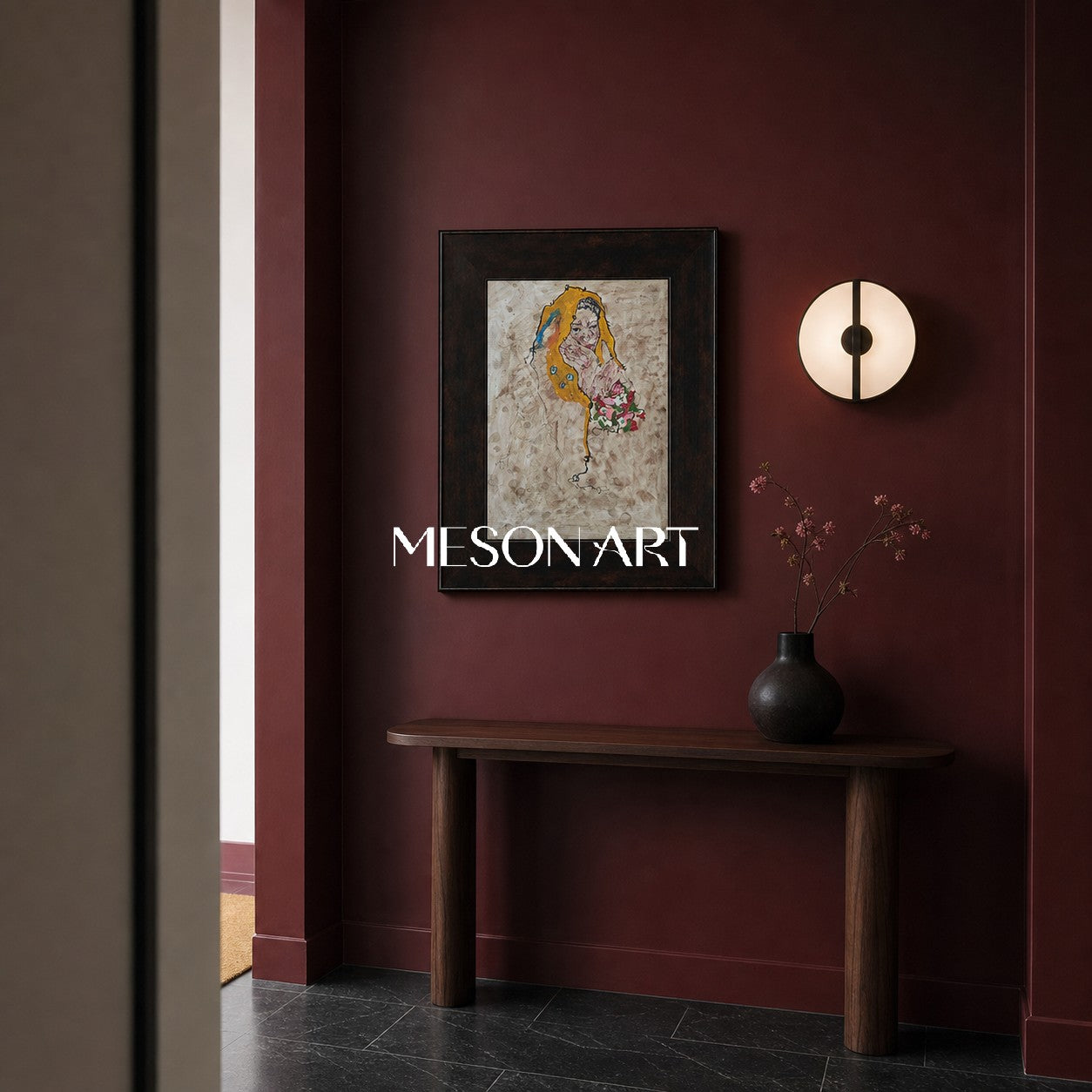 Modern Abstract Portrait Painting With Gold Accents For Living Room And Entryway Decor