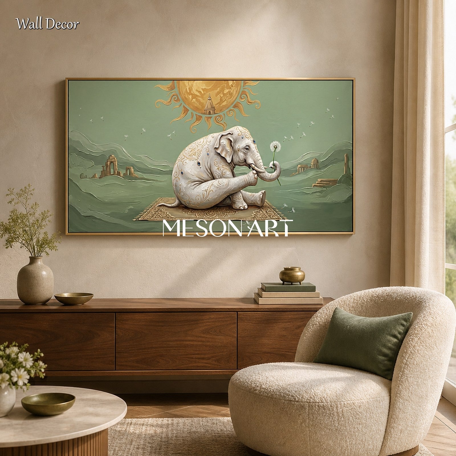 Green And Gold Surrealist Art Yoga Elephant Original Artist Panoramic Wall Decor For Living Room By Mesonart
