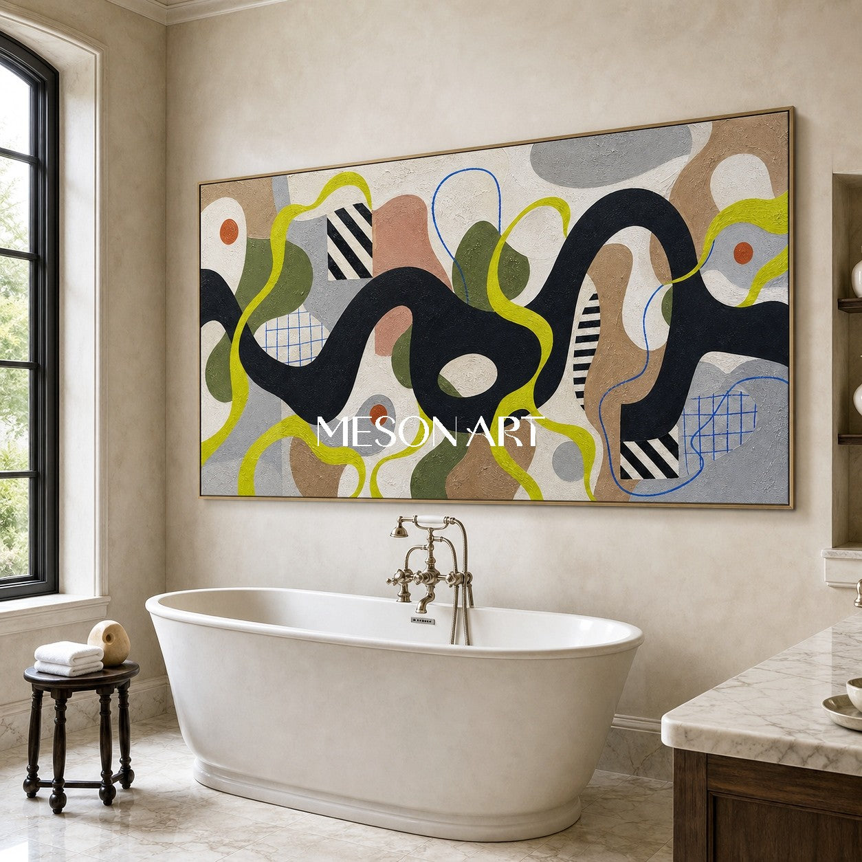 Mid Century Modern Abstract Painting With Organic Shapes And Geometric Lines For Living Room Decor
