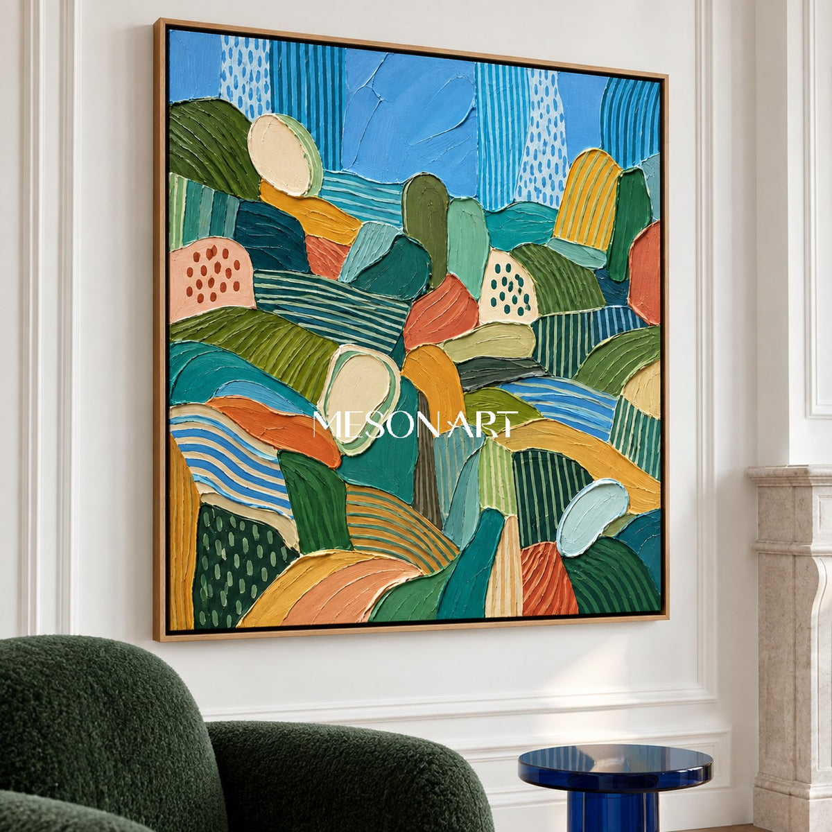 Blue And Green Abstract Landscape Painting Square Wall Art For Living Room By Mesonart