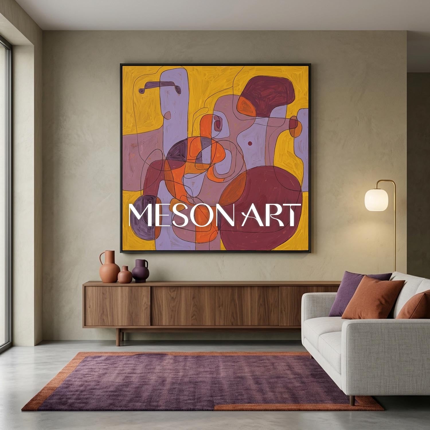 Contemporary Abstract Oil Painting With Orange And Blue Tones For Modern Living Room Decor