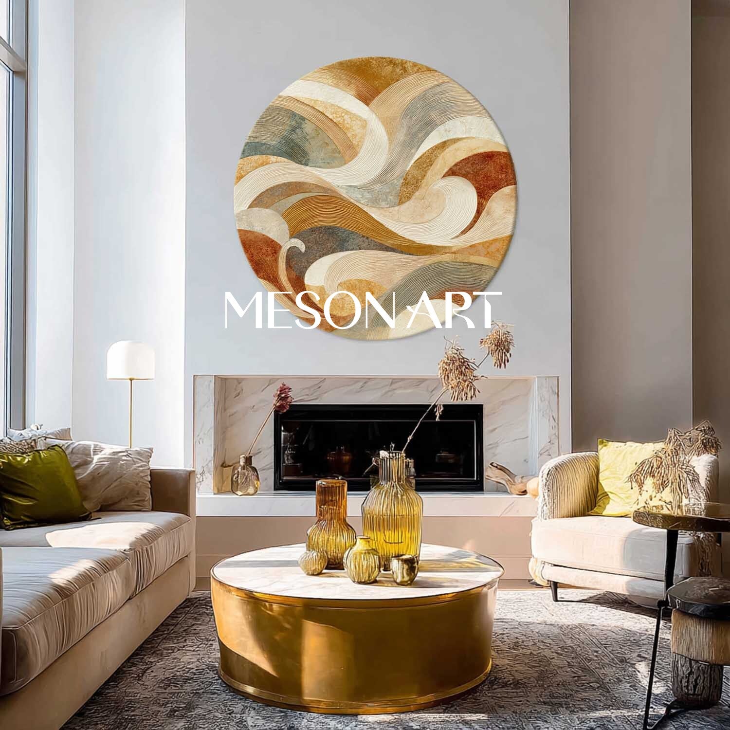 Modern Wave Abstract Wall Art – Earthy Tone Wave-Inspired Round Canvas