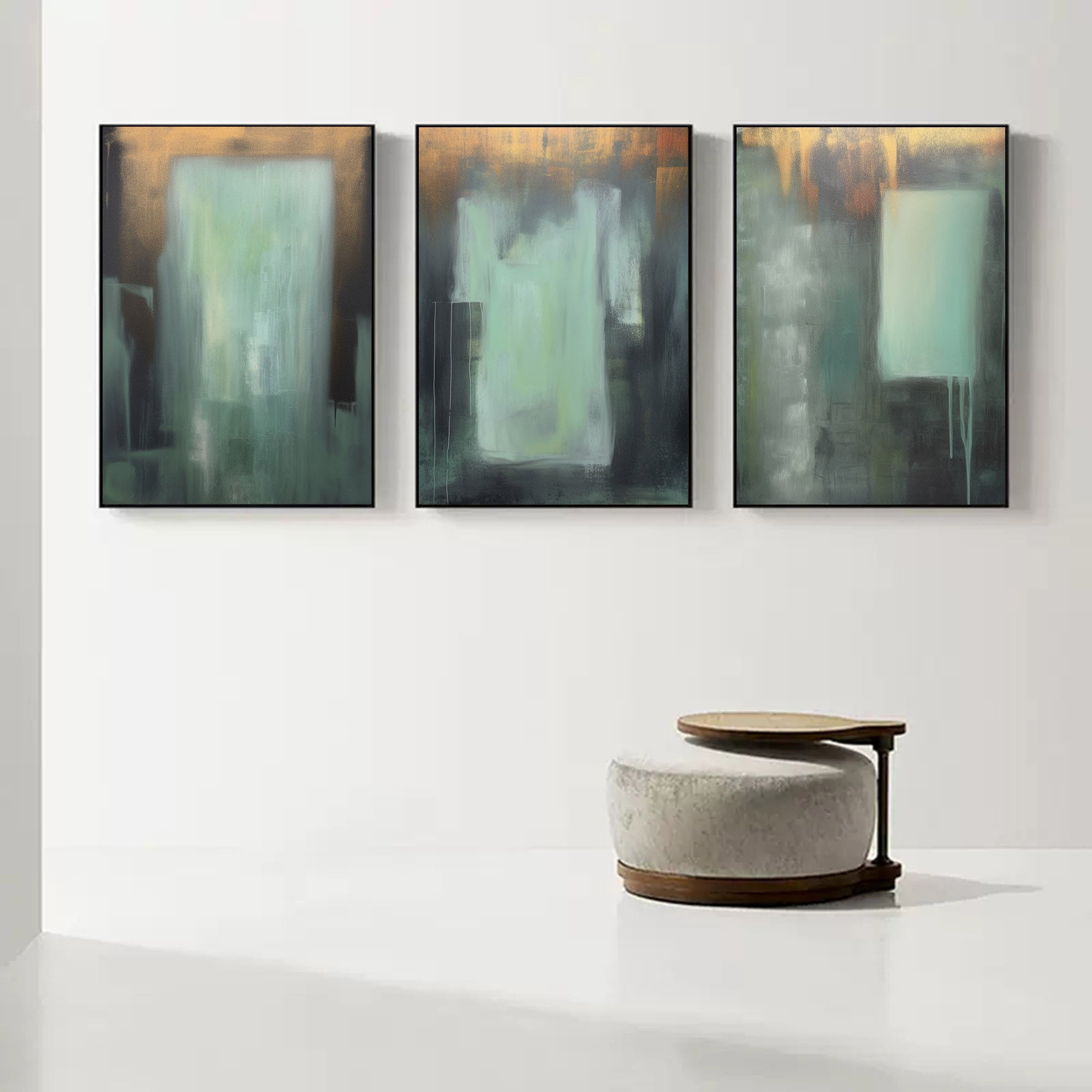Green and Gold Minimalist Art 3 Piece Set Wabi-Sabi Wall Art Green and Gold Canvas Wall Art