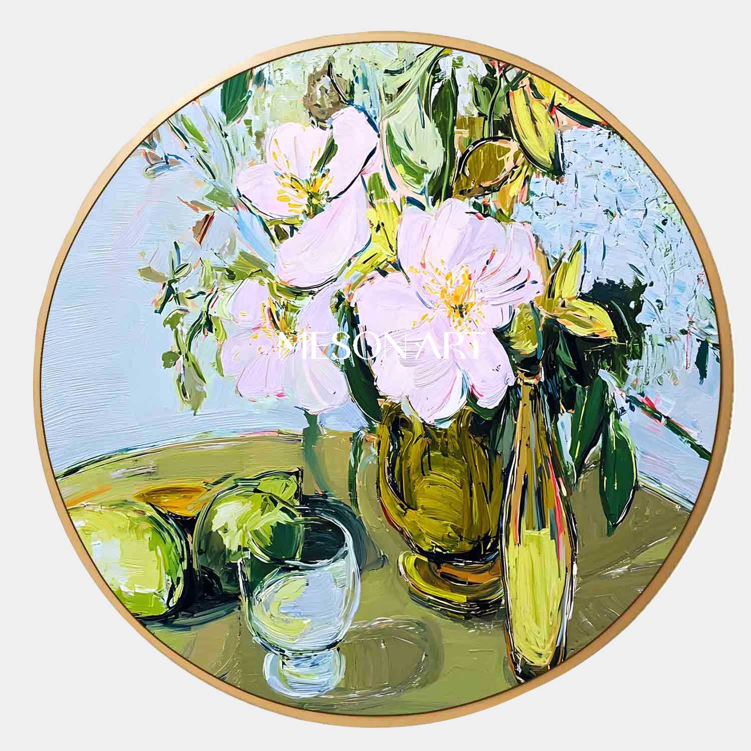 Round Floral Still Life Oil Painting – Vase, Fruit, and Glass