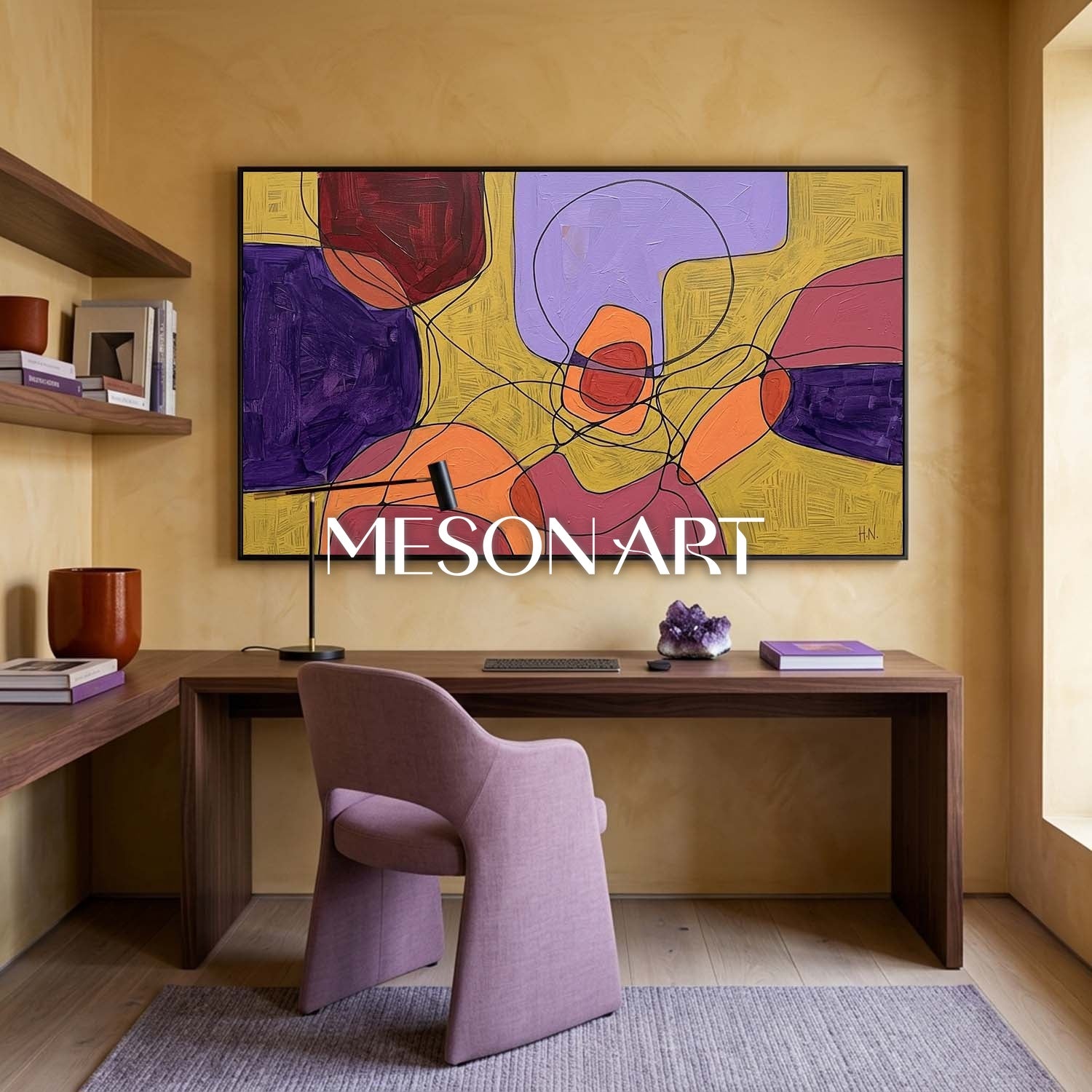 Contemporary Abstract Painting With Purple And Yellow For Modern Living Room Decor