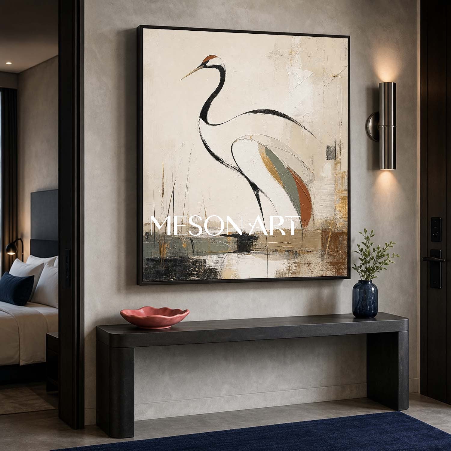 Minimalist Crane Painting Elegant Bird Art For Modern Home Decor
