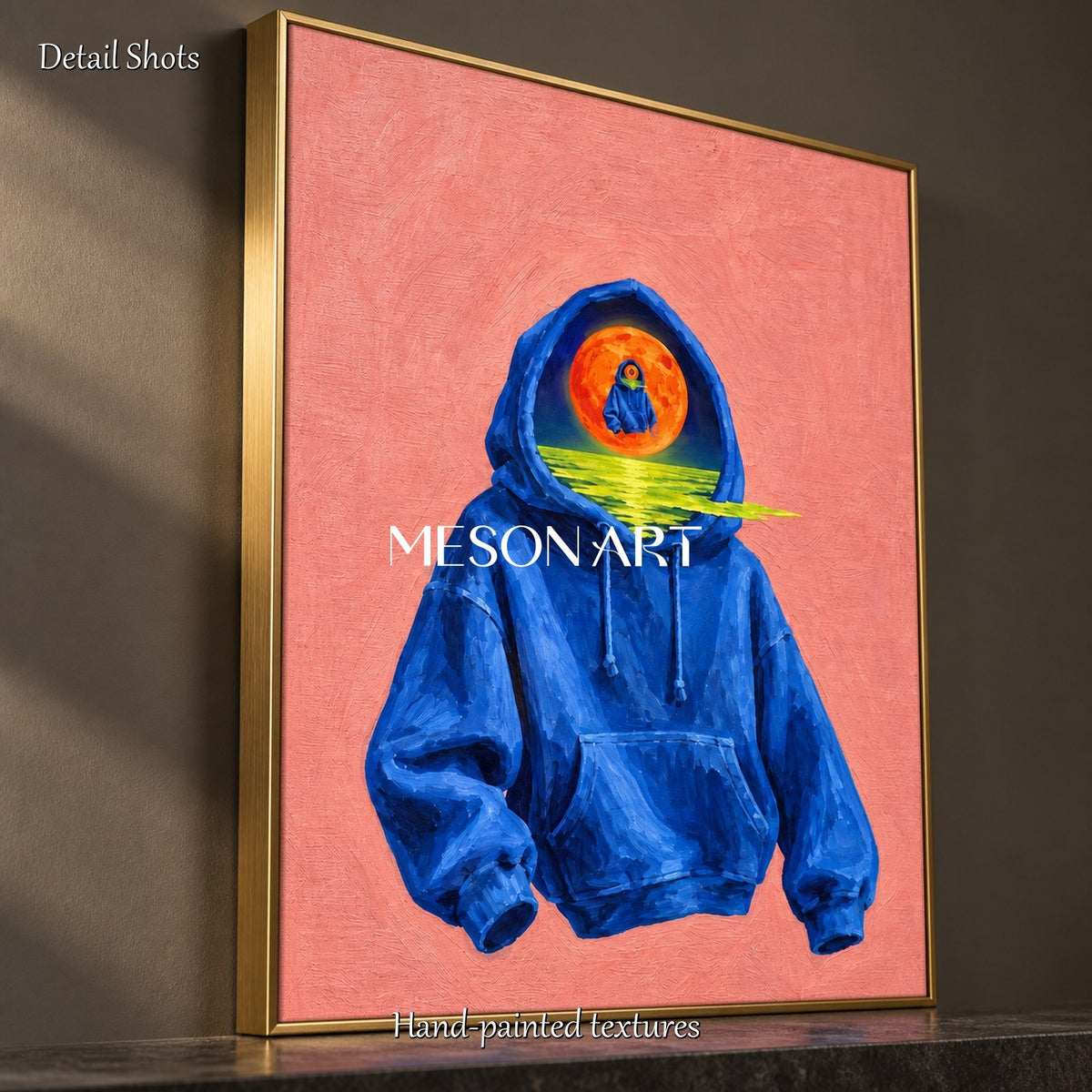 Surrealistisches Gemälde in Blau und Orange mit Spiegelbild – rechteckiges Wandbild, Originalwerk des Künstlers Mesonart
