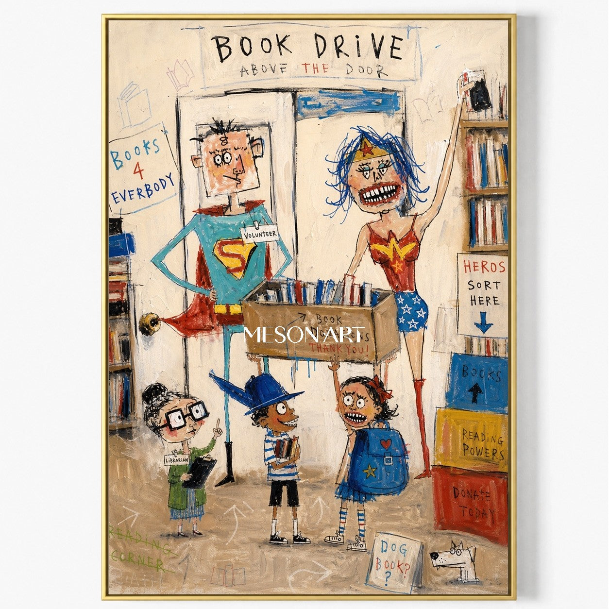 Colorful Graffiti Narrative Figurative Art Rectangular Books Wall Decor For Living Room By Mesonart