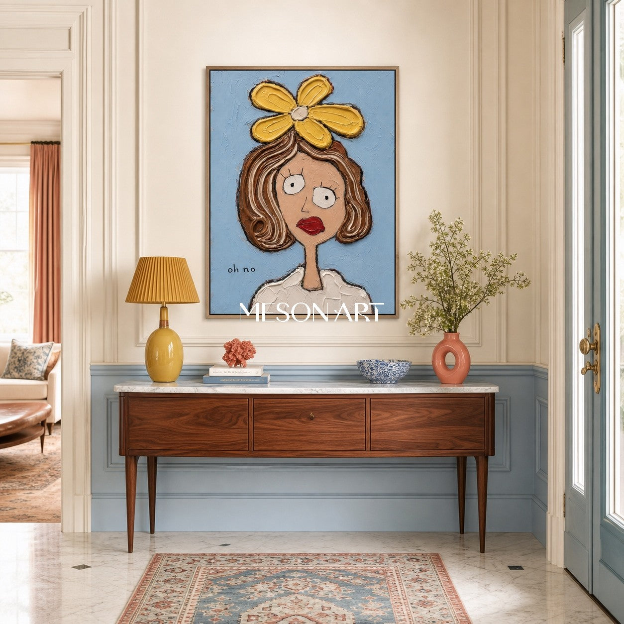 Pop Art Cartoon Portrait With Yellow Flower And Blue Background For Modern Living Room Decor