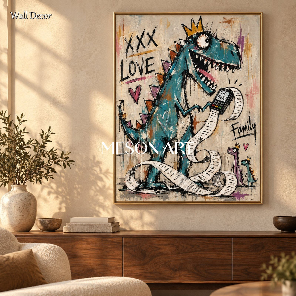 Blue And Gold Graffiti Dinosaur Wall Art Rectangular Original Artist Hand Painted By Mesonart