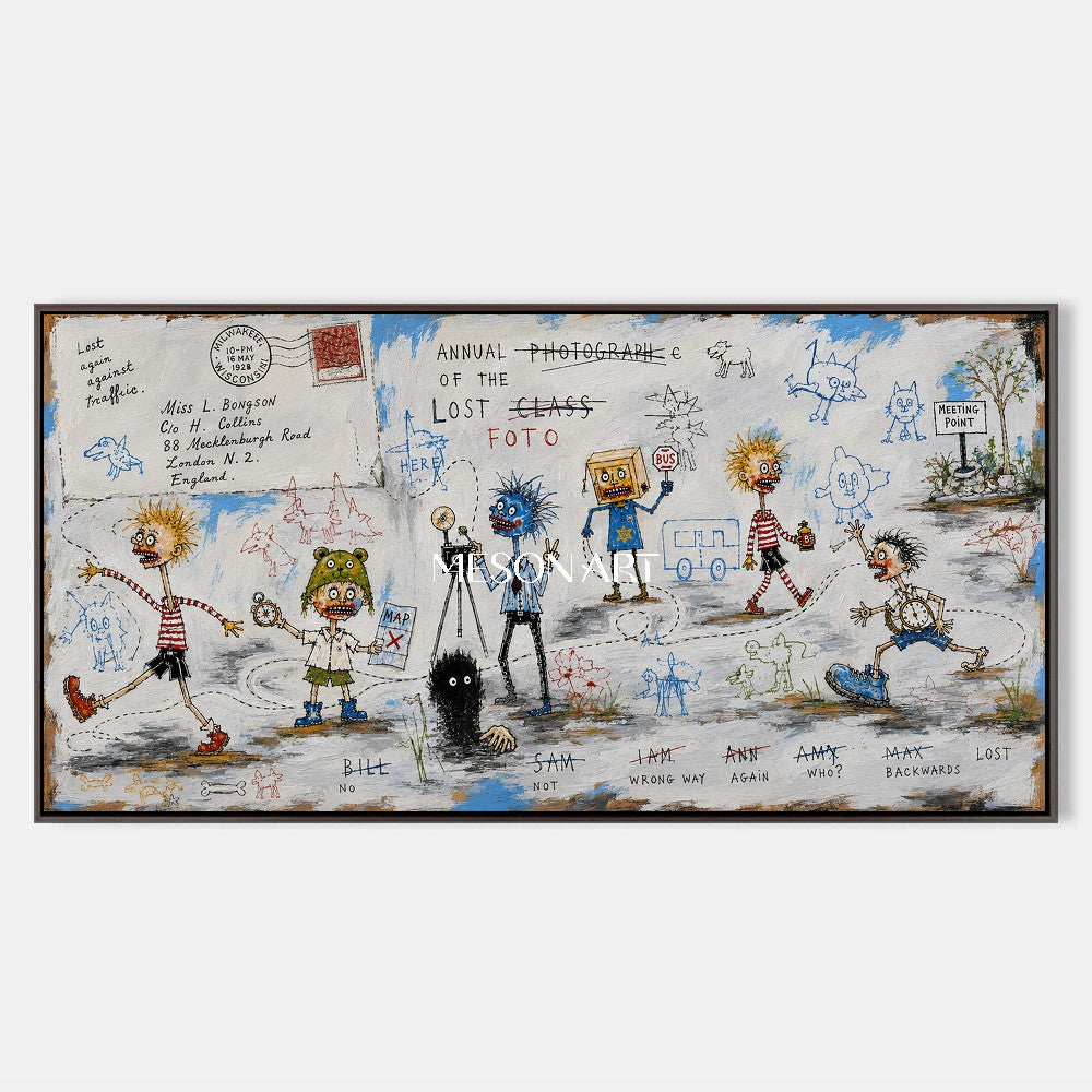 Blue And White Graffiti Narrative Figurative Cartoon Panoramic Wall Art For Living Room By Mesonart