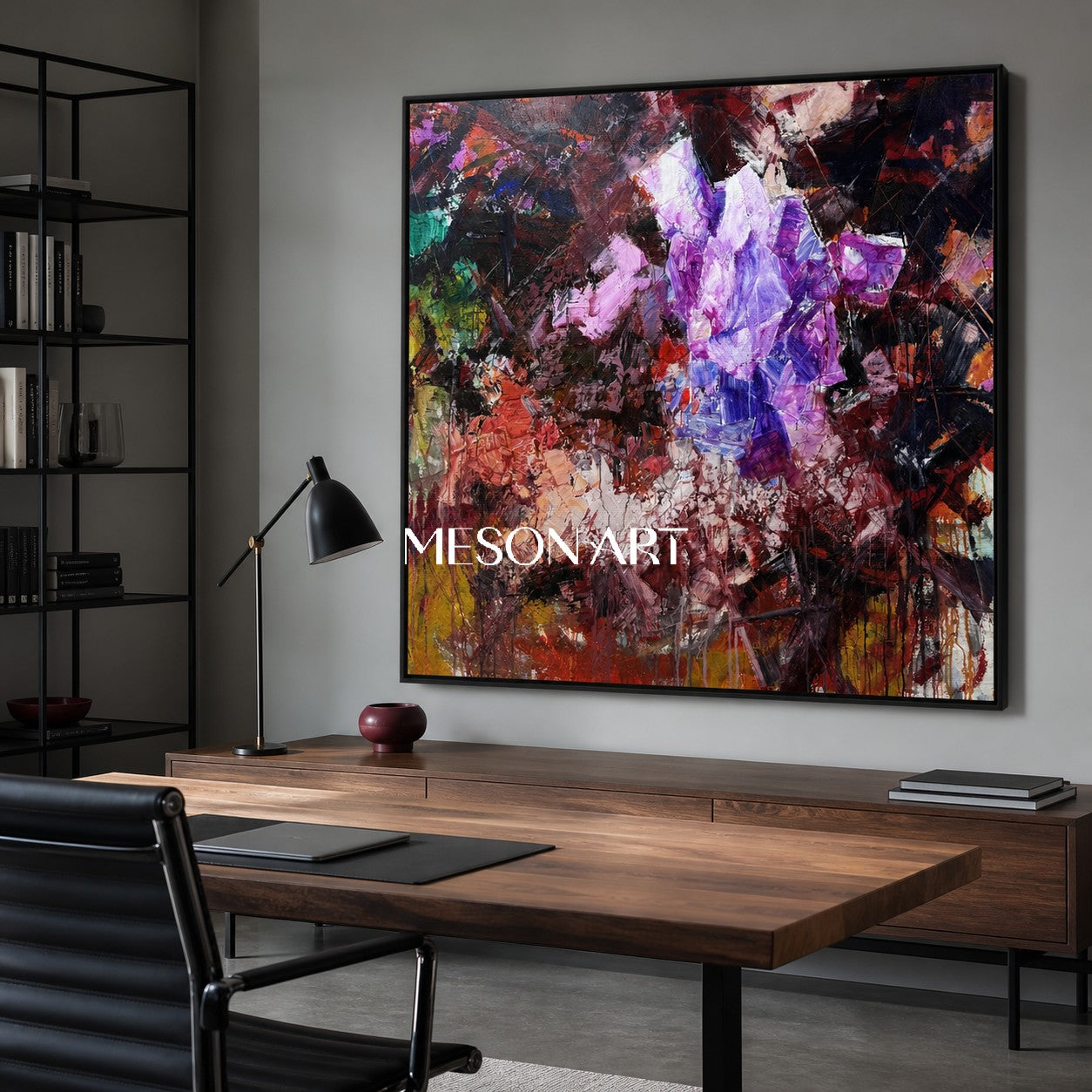 Original Purple Crystal Painting, Heavy Texture Abstract Canvas, Luxury Living Room Wall Decor, Modern Impasto Oil Artwork, Sculptural Strokes Art Piece, Expressionist Colorful Centerpiece, Large Framed Square Artwork, 3D Plaster Mineral Decor, High End Collector Artwork, Dark Red Background Contemporary Art.