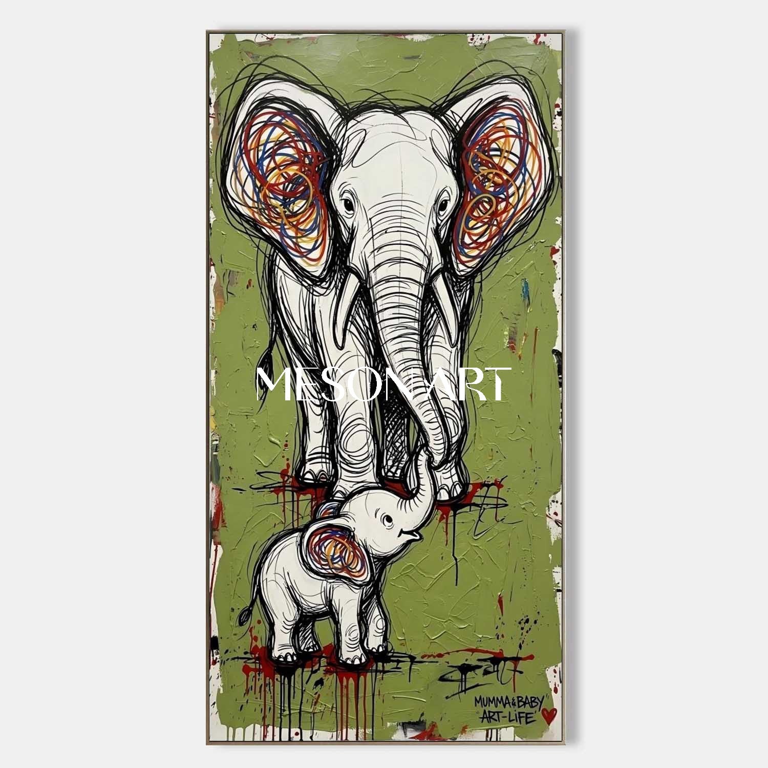 Large Avocado Green Elephant Canvas Art Abstract Elephant Graffiti Painting