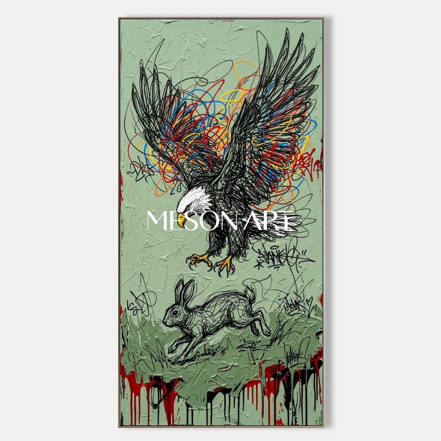 Large Vertical Framed Bald Eagle Hunting Rabbit Canvas Wall Art, Sage Green Textured Abstract Street Art Oil Painting For Office And Living Room Decor By MesonArt