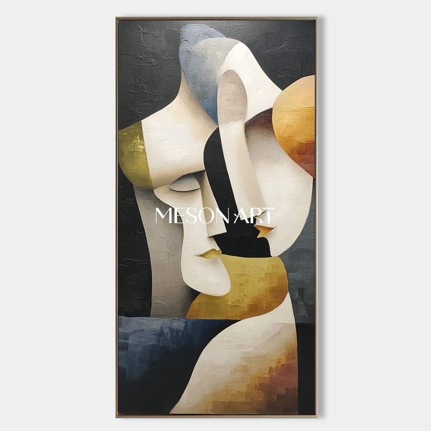 Cubist Vertical Gold Geometric Abstract Couple Original Oil Painting