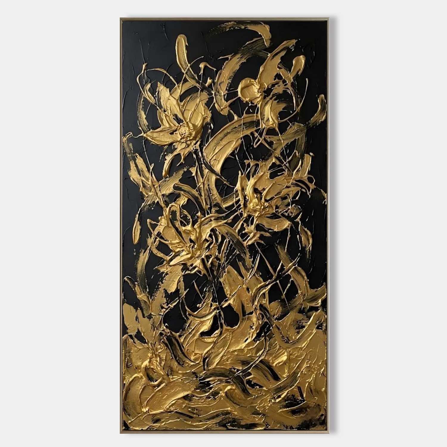 3D Gold and Black Abstract Textured Painting, Abstract Floral Canvas Art