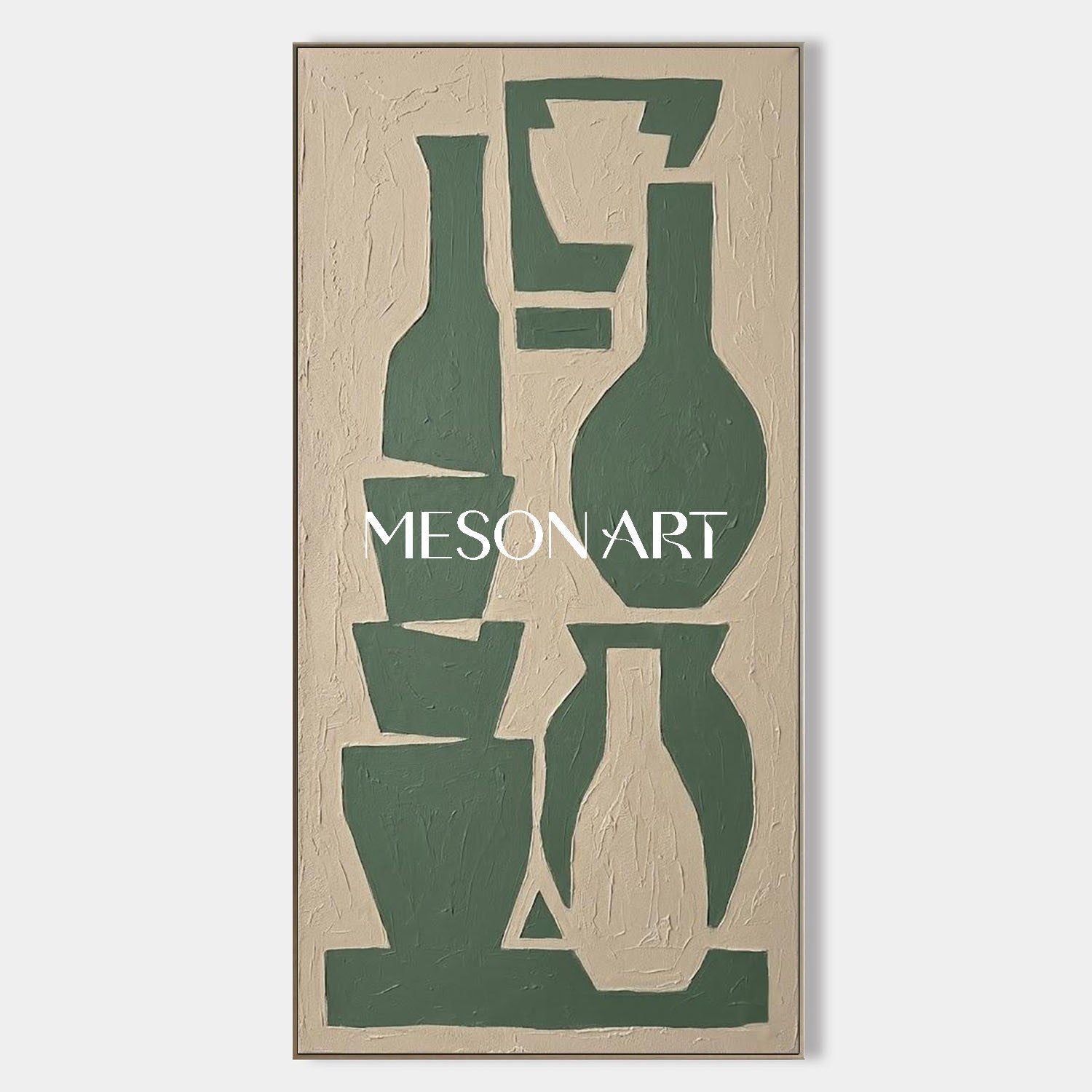 MesonArt Tall Vertical Vase Art Sage Green Stacked Bottles Heavy Impasto Staircase Painting