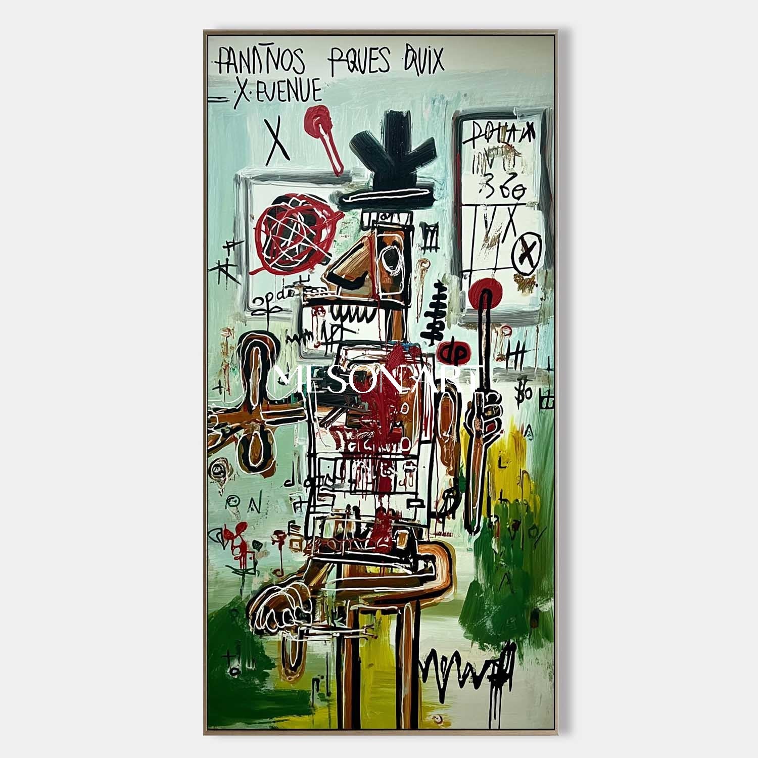 Basquiat Inspired Green Abstract Graffiti Art Large Vertical Canvas