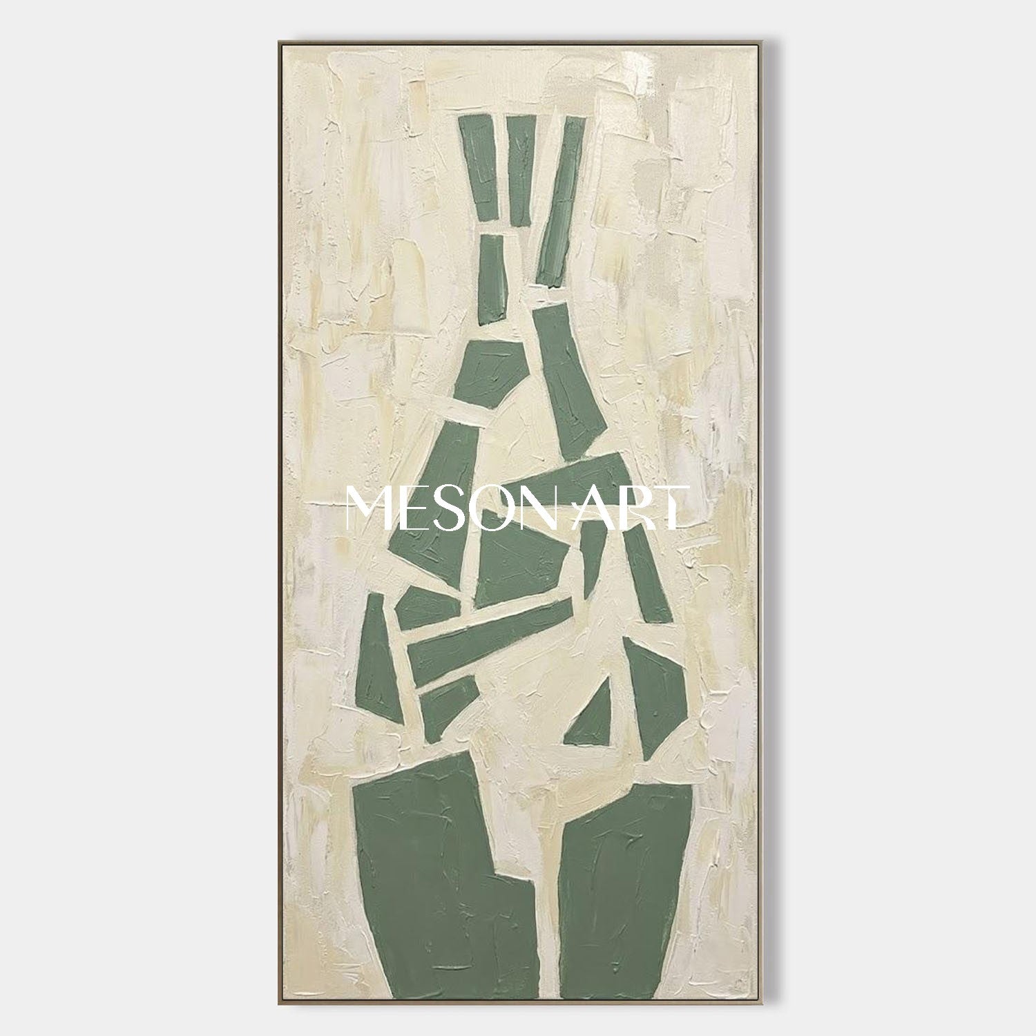 Tall Vertical Fragmented Vase Art Sage Green Geometric Still Life Custom Size Boho Minimalist Art
