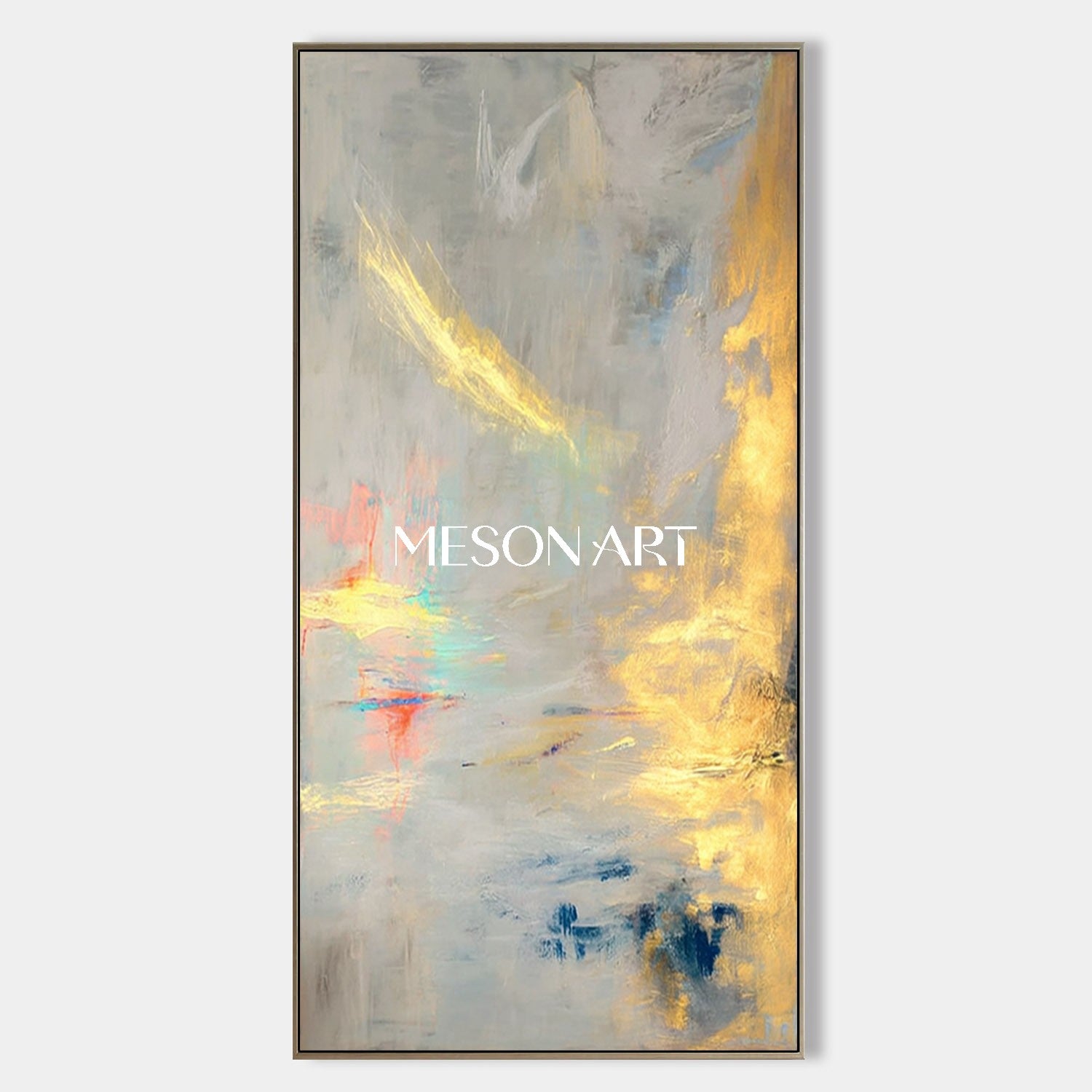 Gold Gray Abstract Textured Painting Large Vertical Entryway Wall Art