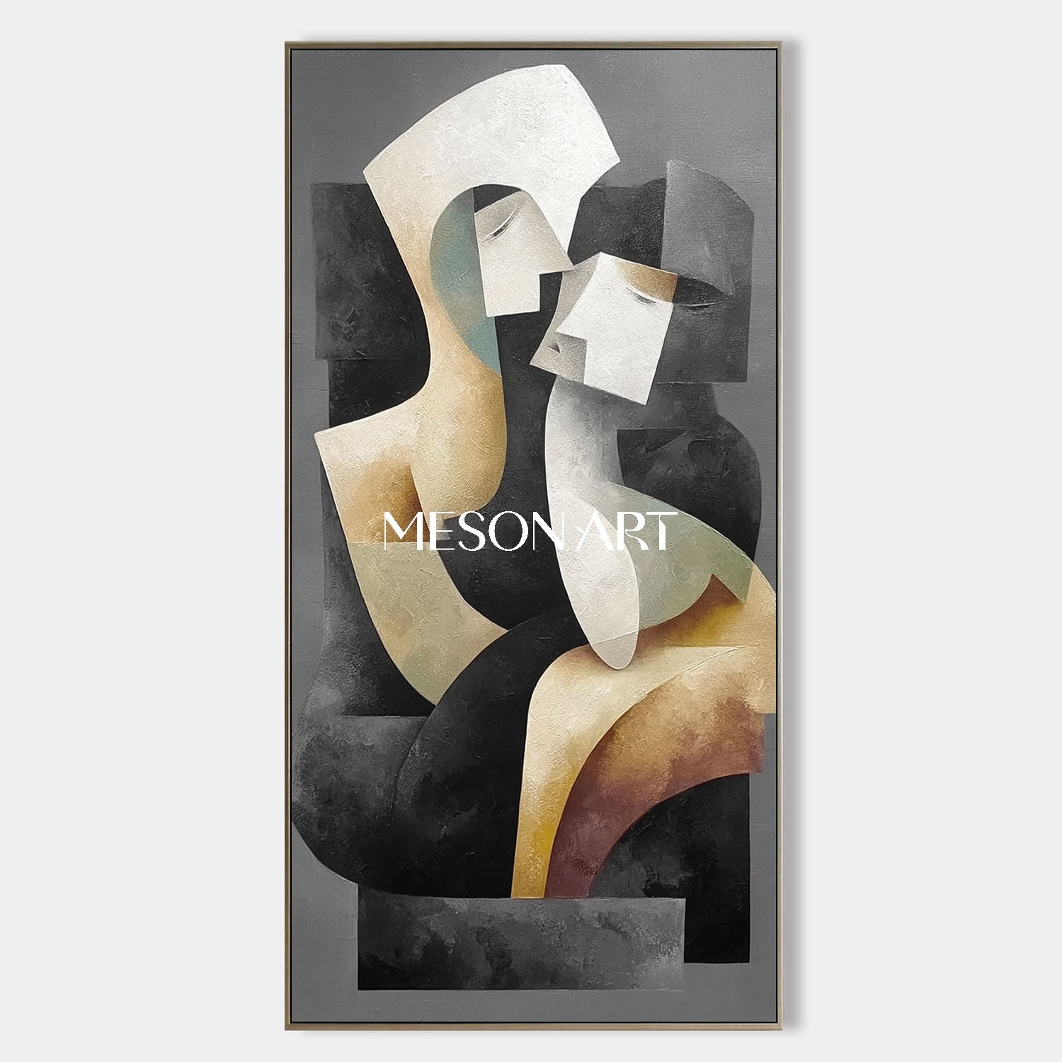 Modern Abstract Textured Canvas Black Couple Neutral Palette Artwork