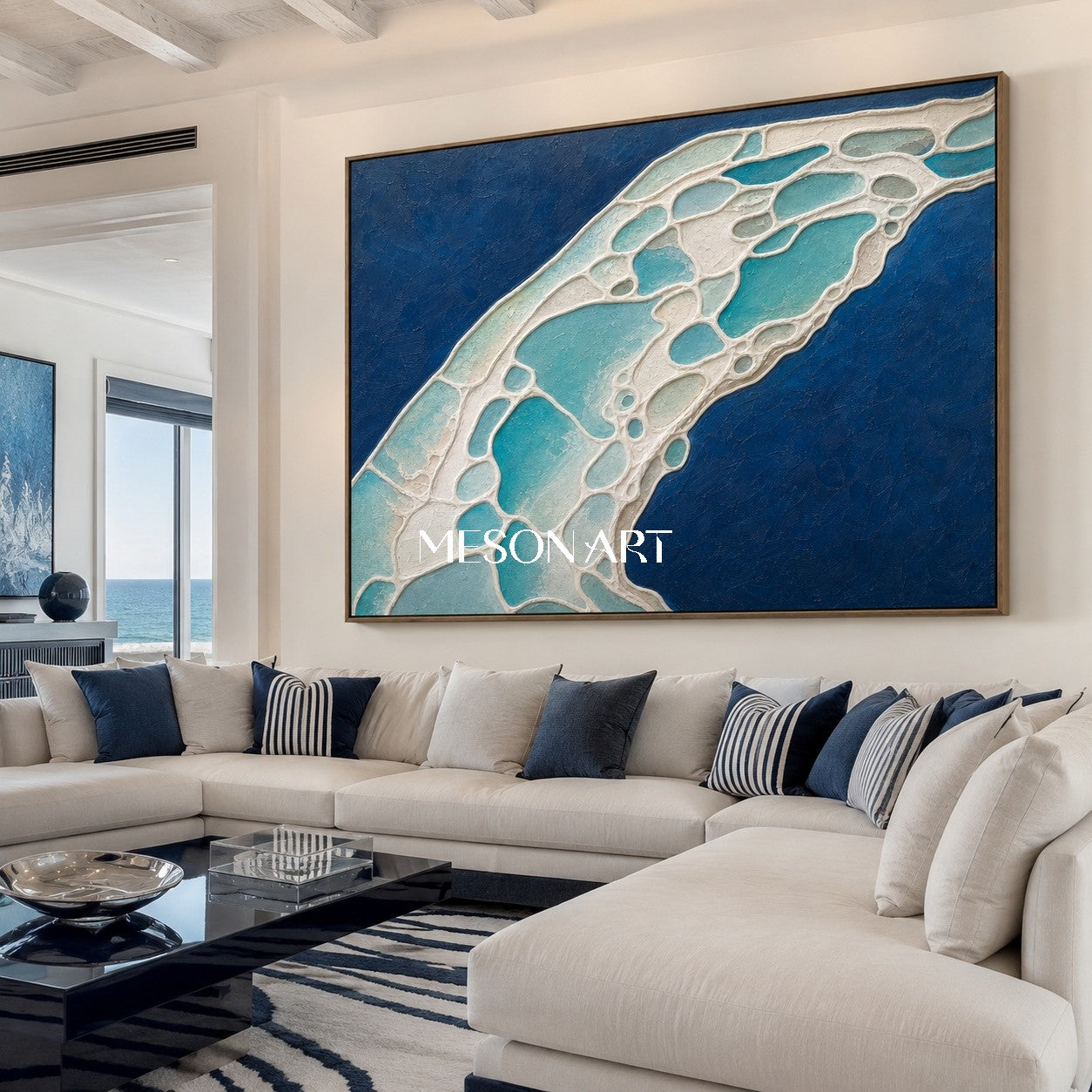 Azure Lagoon Flow Abstract Ocean Art With Textured Impasto For Coastal Living Room Decor
