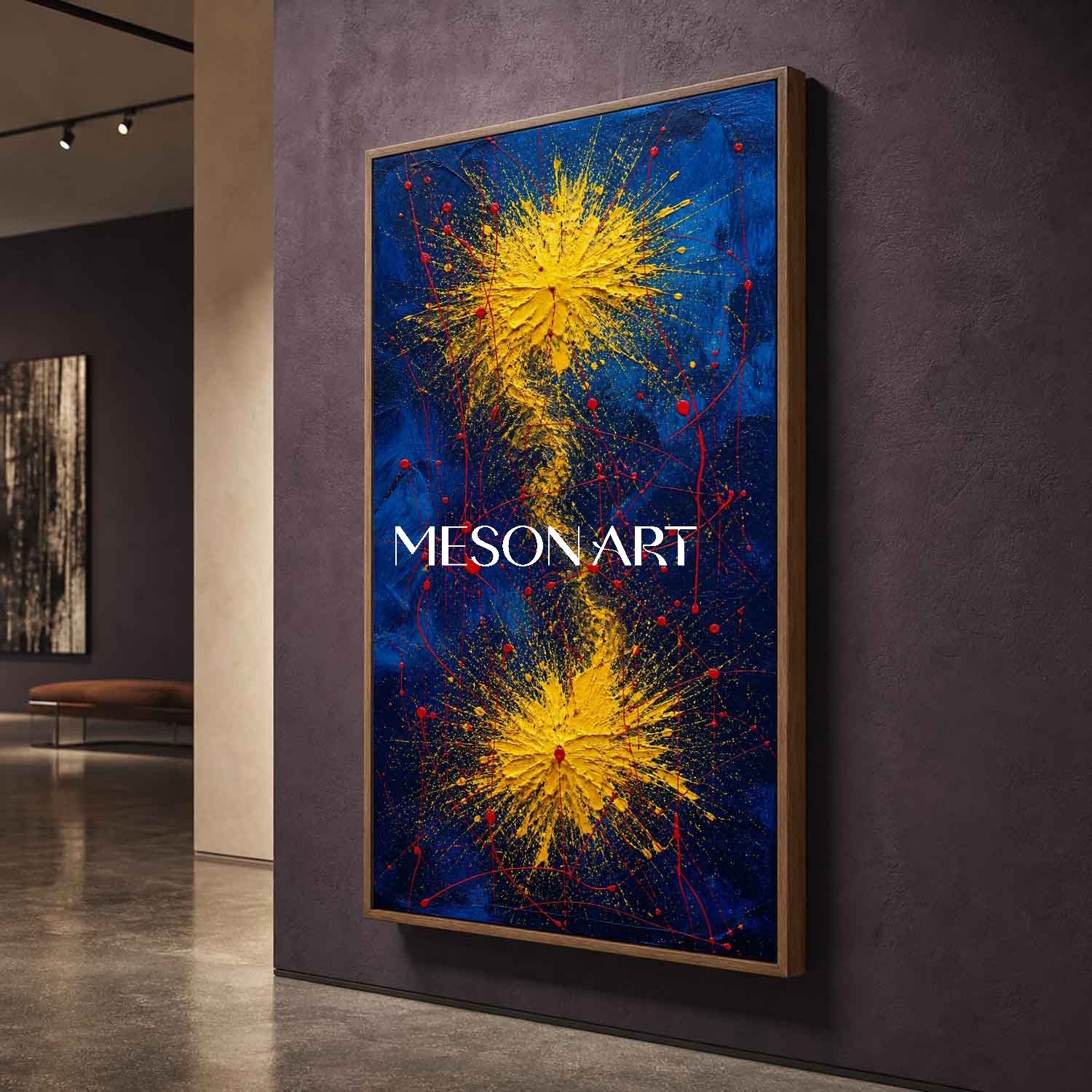 Bold Blue And Gold Abstract Painting With Textured Relief For Modern Living Room Decor