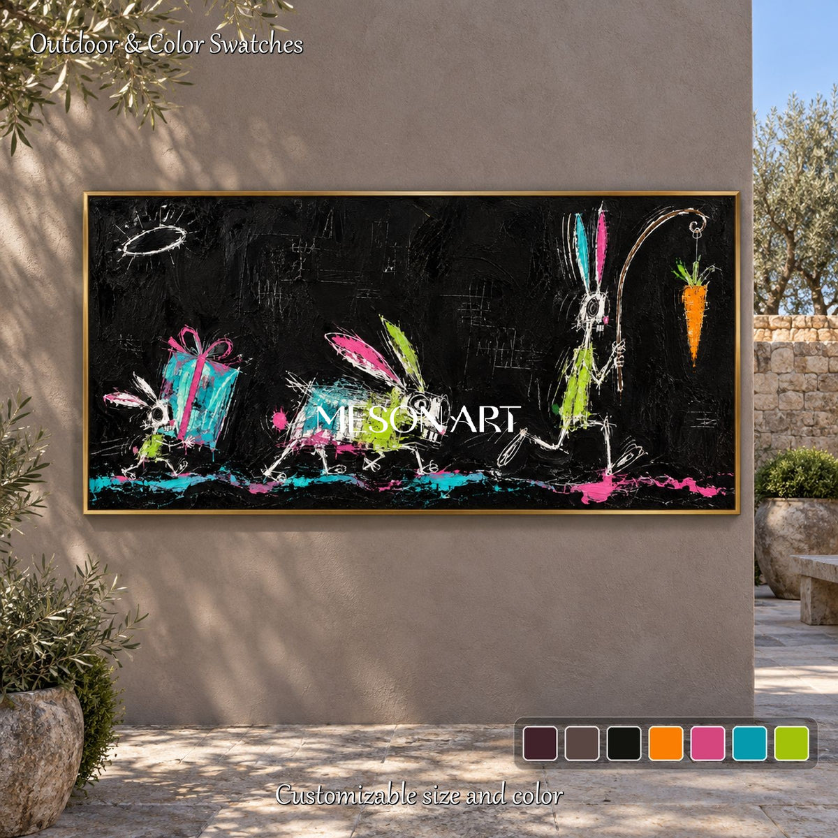 Black And Green Graffiti Abstract Painting Panoramic Wall Art For Living Room By Mesonart