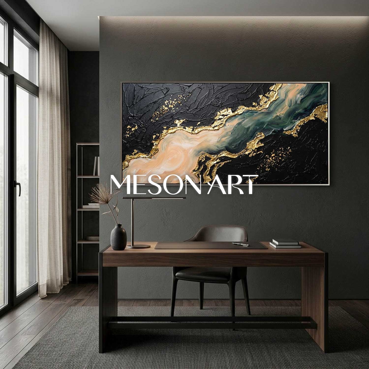 Luxury Black And Gold Plaster Abstract Art With Fluid Motion For Modern Living Room
