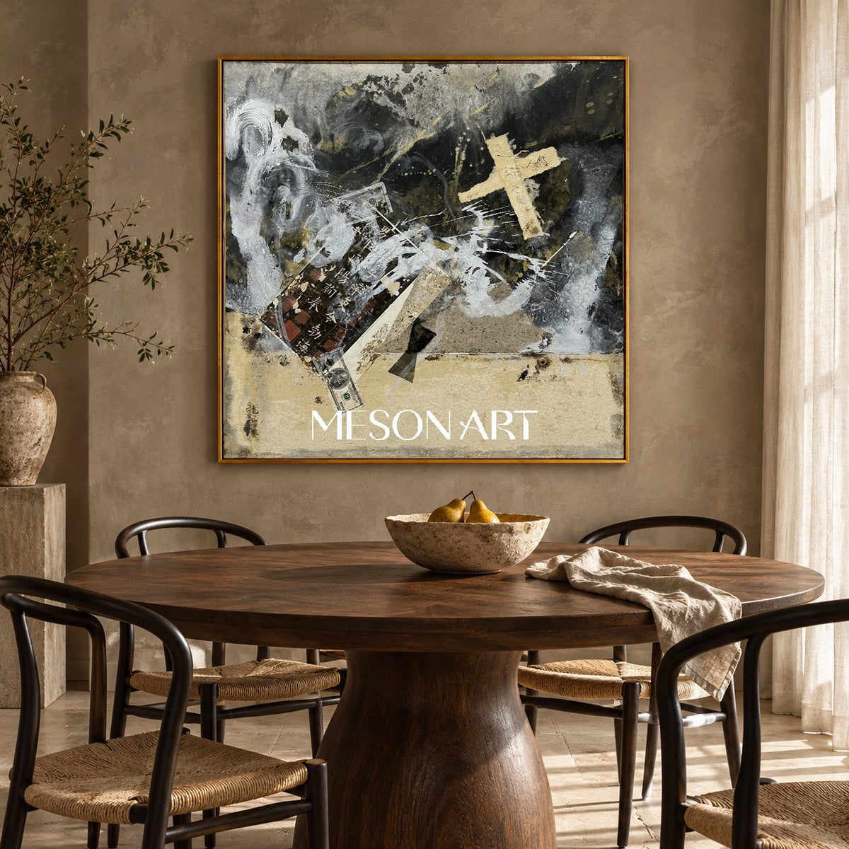 Black And Gold Painting Abstract Modern Textured Mixed Media Original Artist Square Wall Art For Living Room By Mesonart