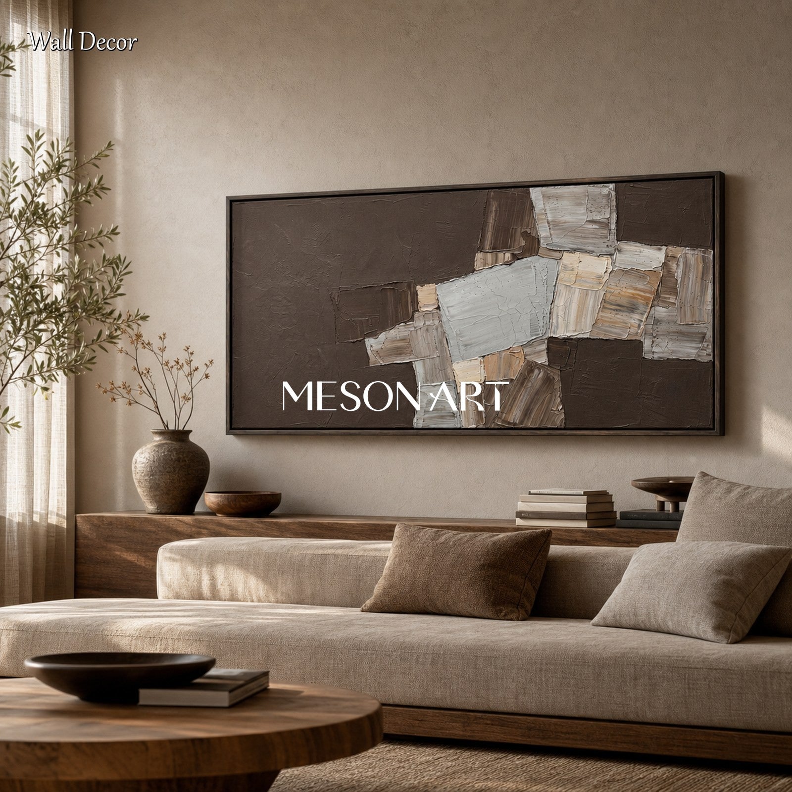Large Brown Abstract Art Painting Minimalist Textured Wall Decor For Living Room