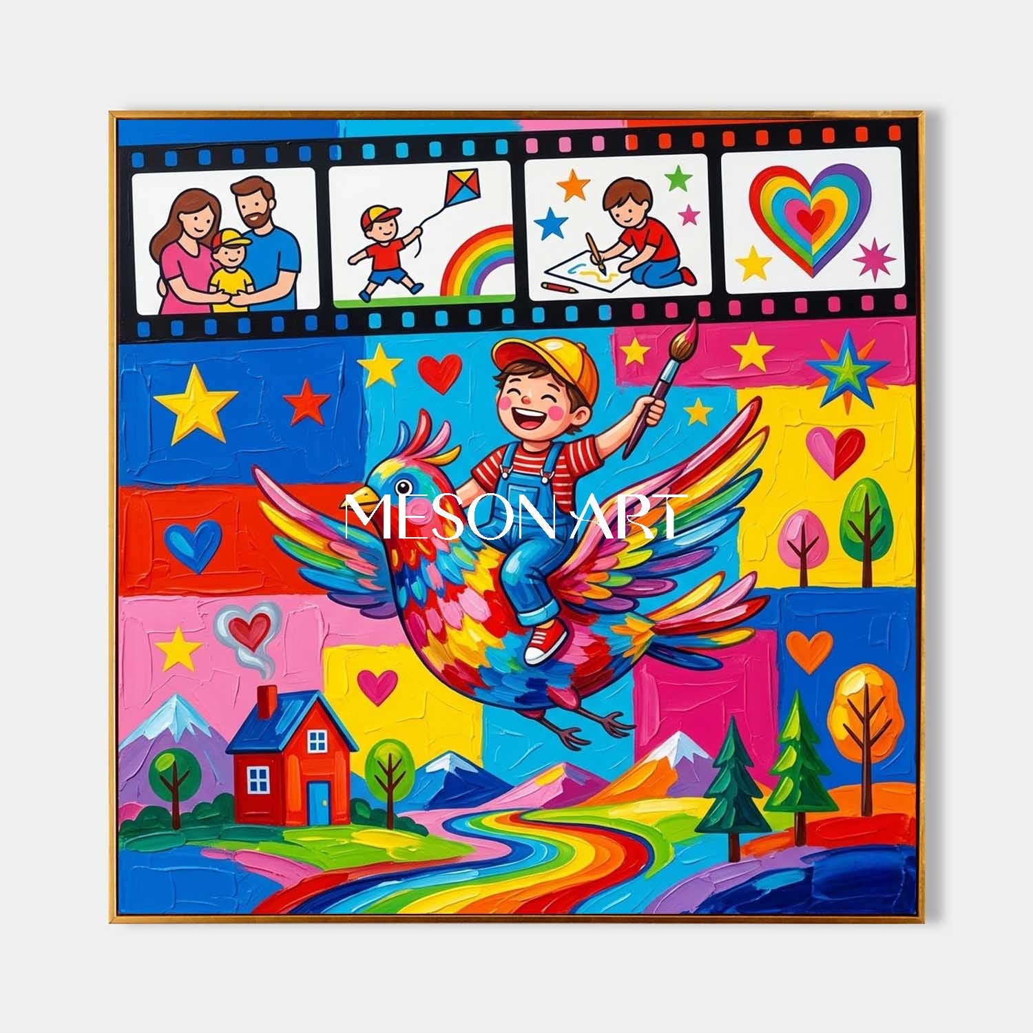 イギリス発ファインアート、オレオグラフィ(キャンバス アート 絵画) カラフルな漫画の鳥の絵と子供の部屋のための幸せな家族のグラフィティ