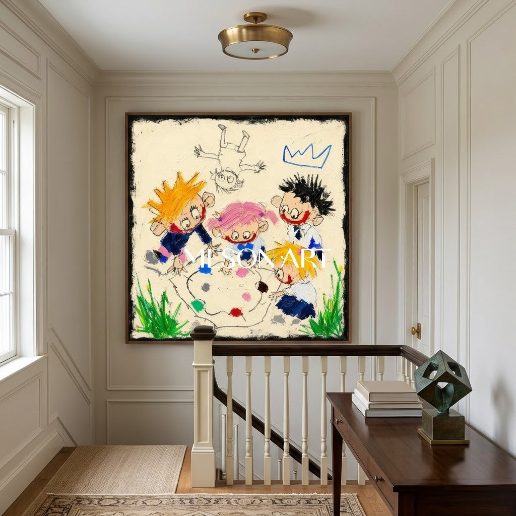 Whimsical Pop Art Painting With Bold Characters For Modern Living Room And Kids Room Decor