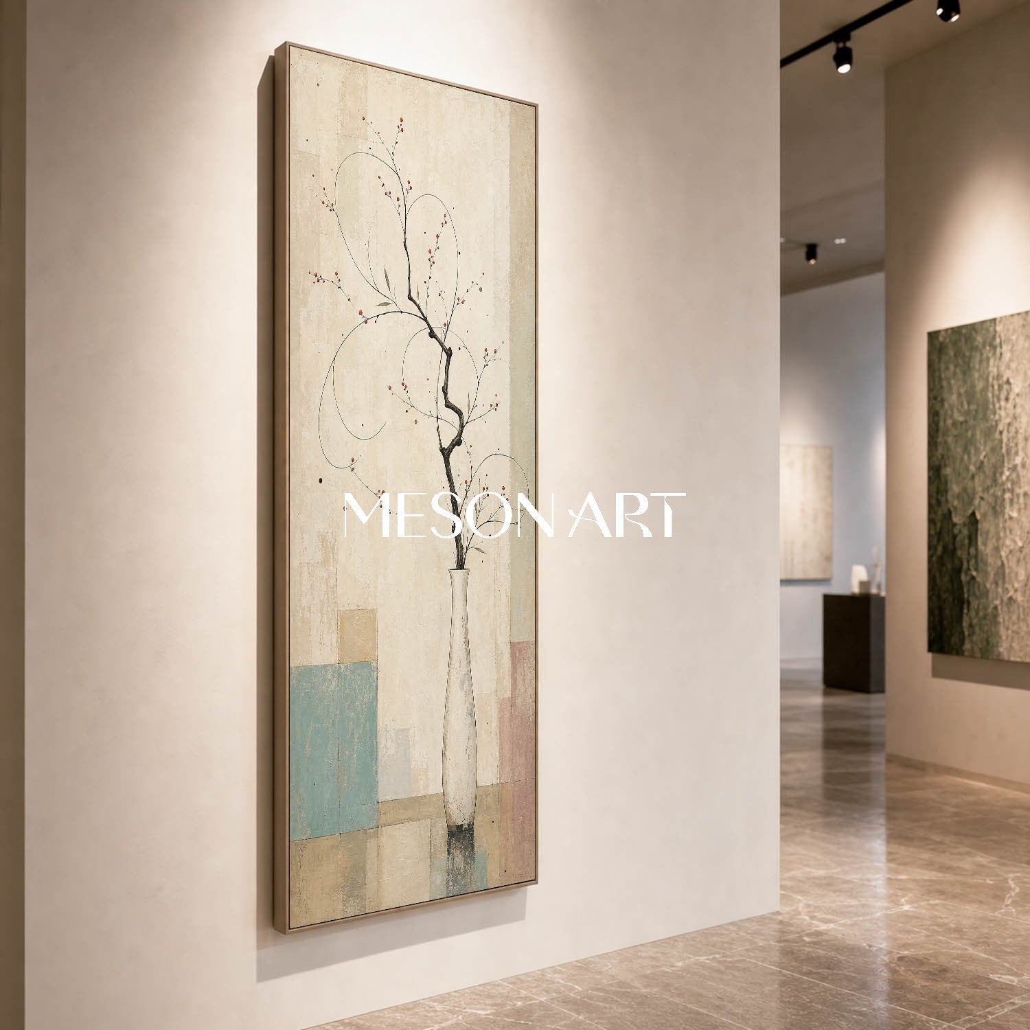 Large Vertical Floral Art Print For Entryway With Japandi Style Beige And Blue Tones