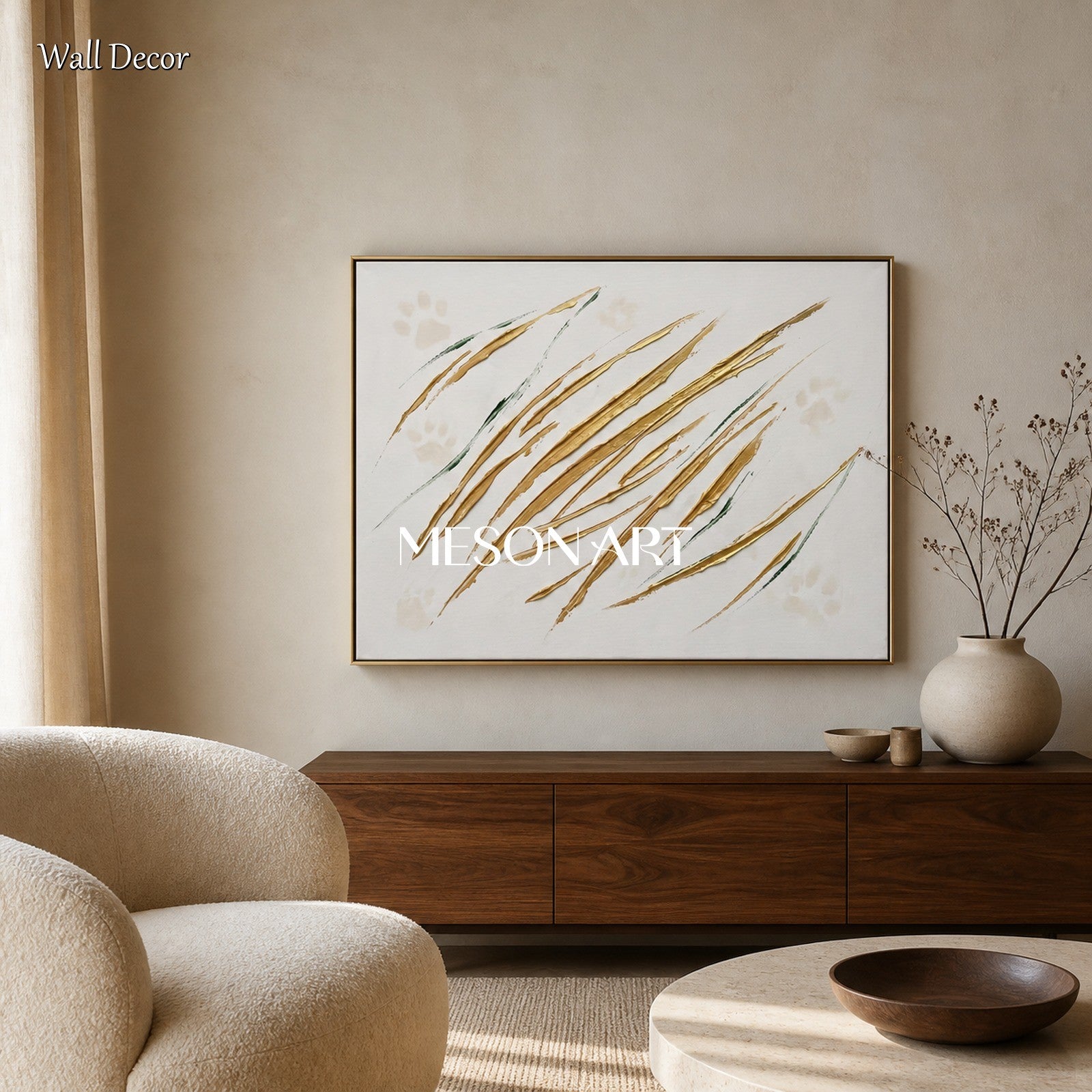 White And Gold Abstract Expressionism Painting Jackson Pollock Inspired Rectangular Wall Art For Living Room By Mesonart
