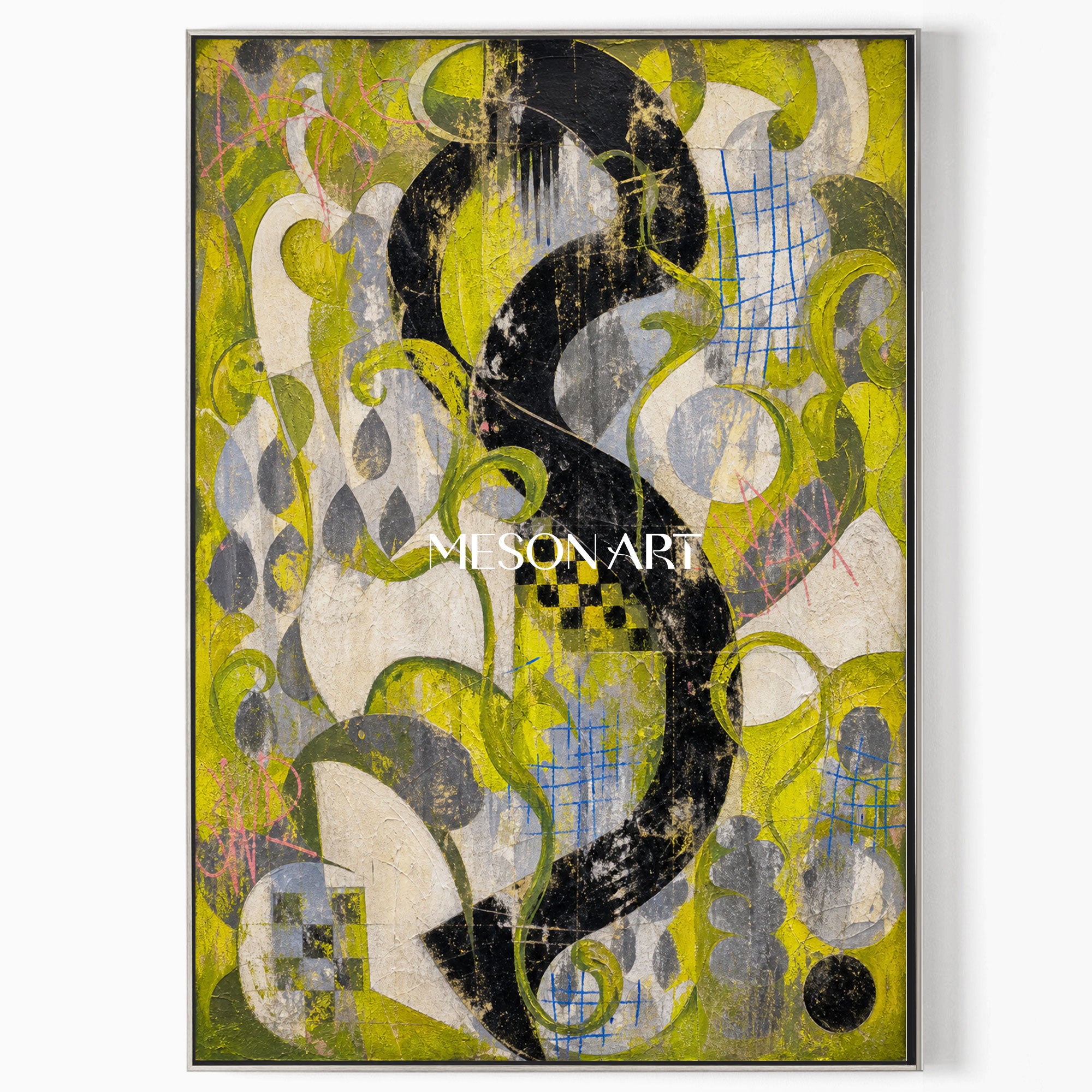 Urban Graffiti Abstract Painting With Green And Black Textured Canvas Art For Living Room