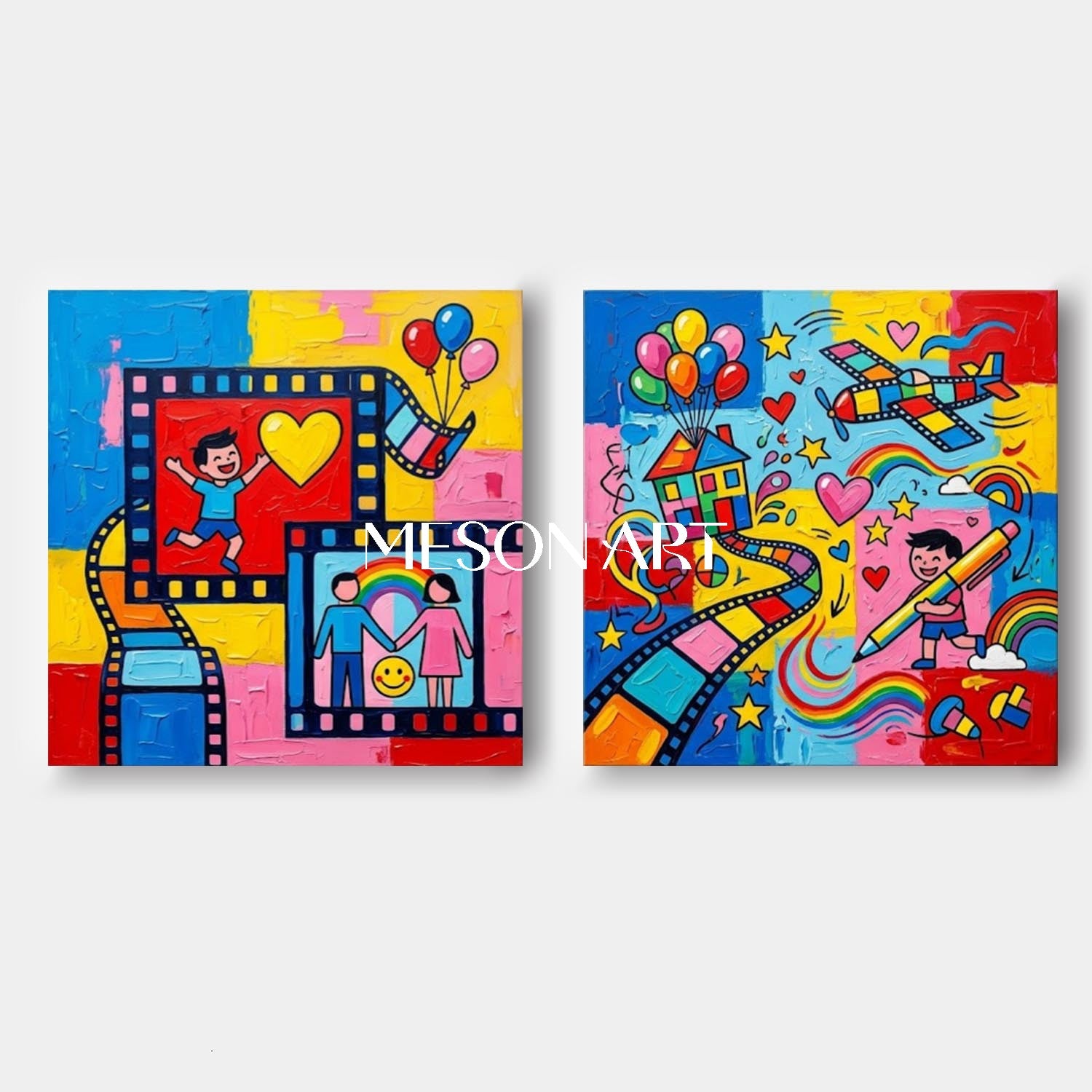 Colorful Pop Art Set Of Two For Kids Room Wall Decor With Film Strip Motif