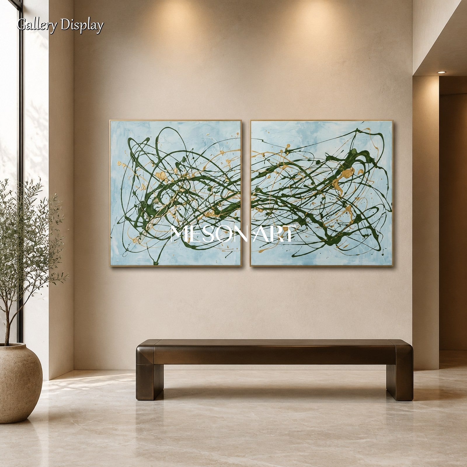 Blue And Green Pollock Style Painting Square Drip Art By Jackson Inspired Contemporary Wall Decor For Living Room By Mesonart