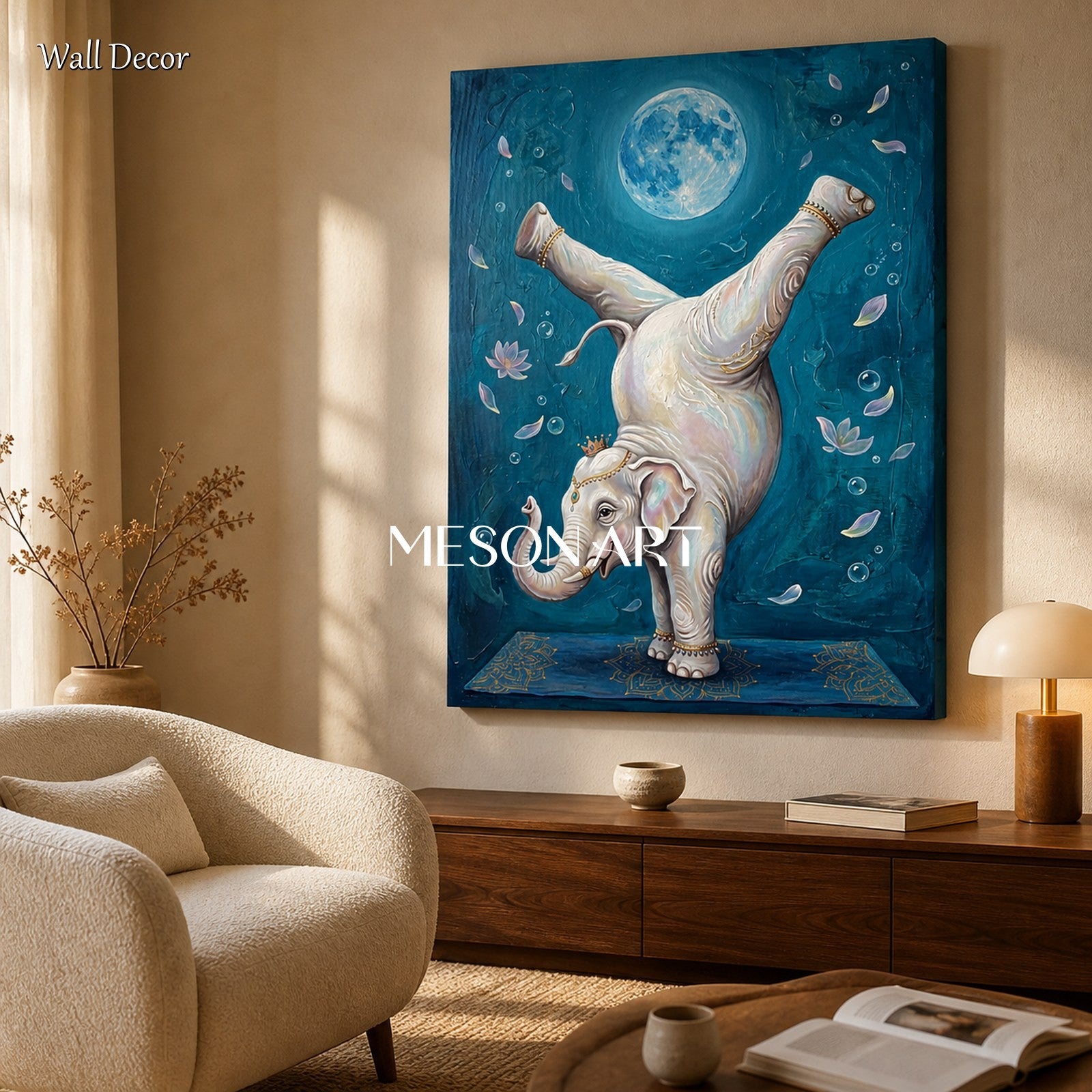 Blue And White Abstract Art Yoga Elephant Surreal Rectangular Wall Decor By Mesonart