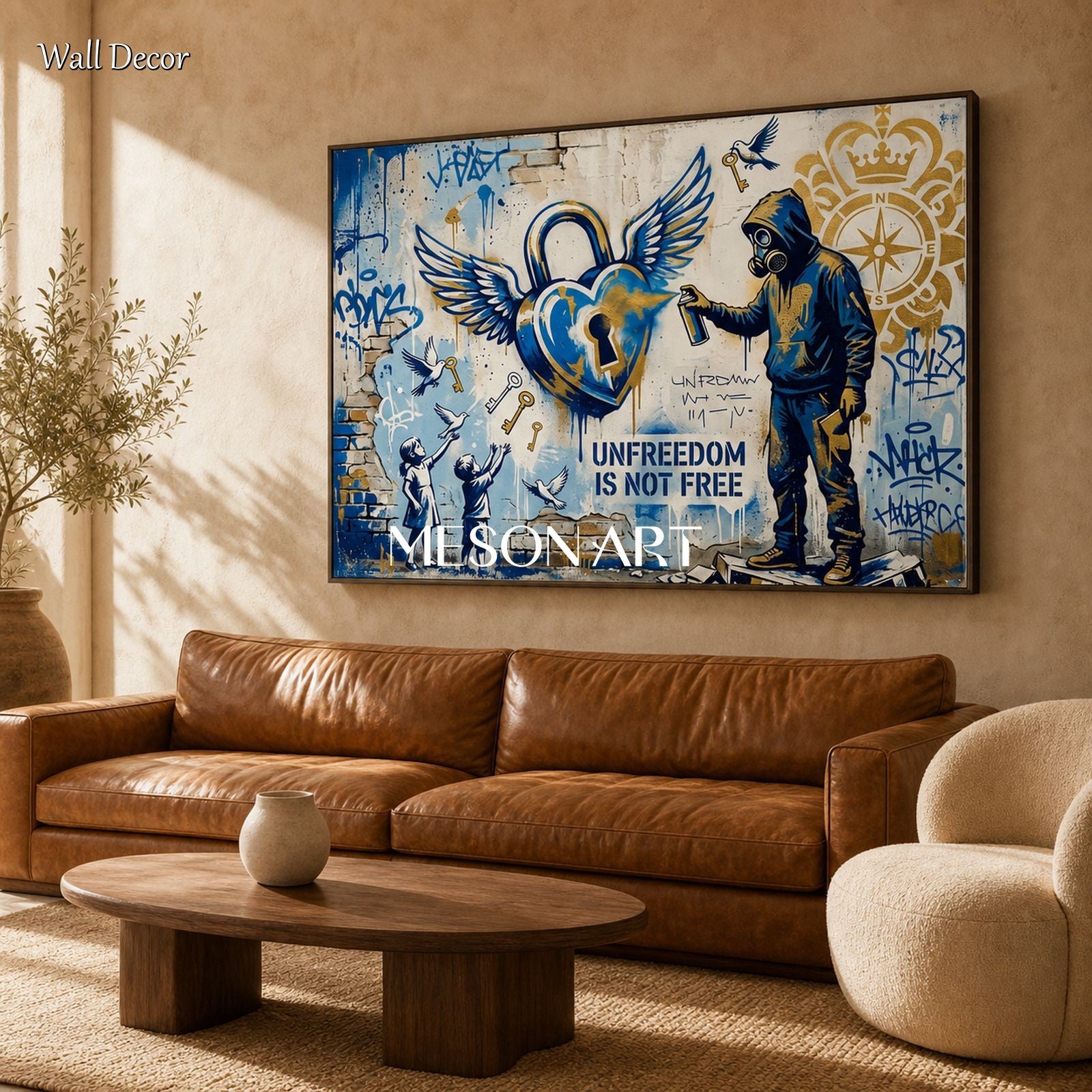 Blue And Gold Graffiti Heart Original Artist Hand Painted Rectangular Wall Art For Living Room By Mesonart
