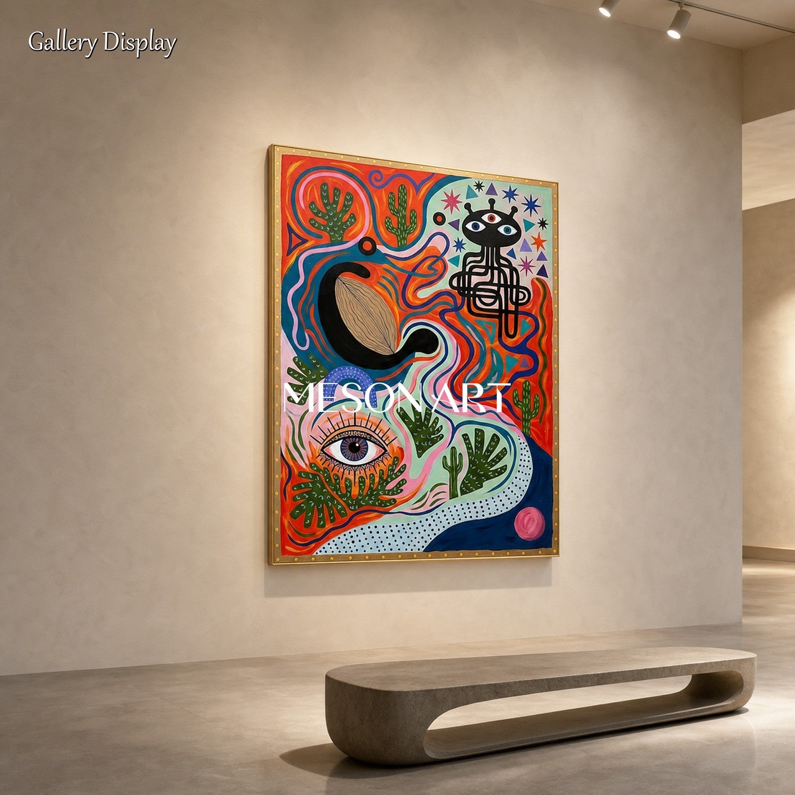 Surrealist Art Print With Mystical Eyes And Desert Cactus For Modern Living Room Decor
