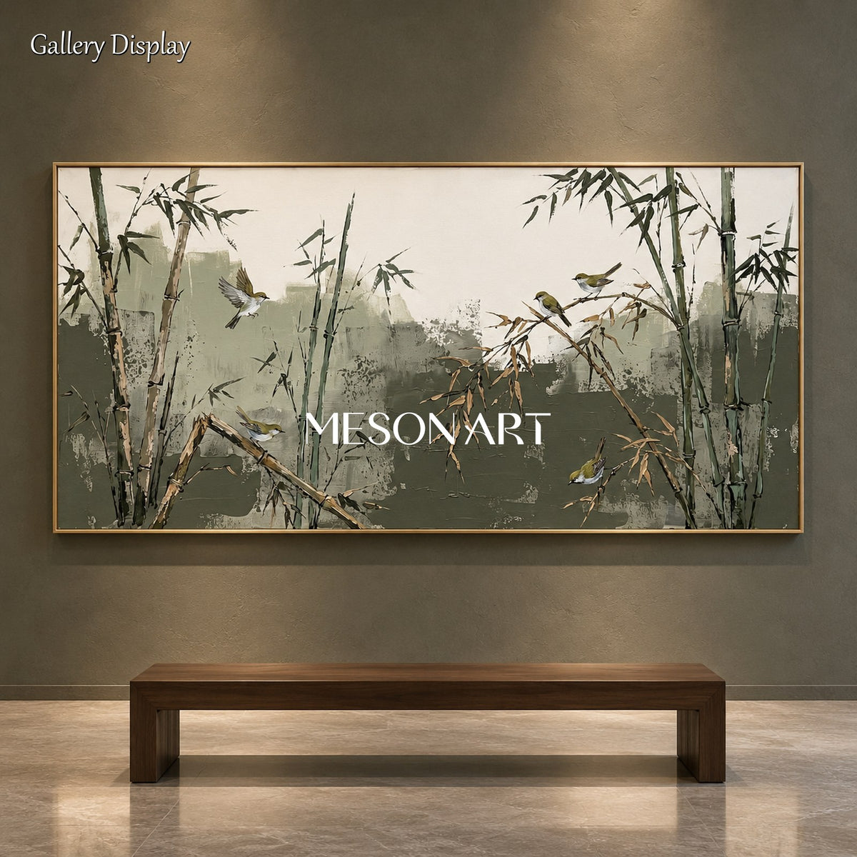Green And Beige Bamboo And Warbler Art Panoramic Wall Decor For Living Room By Mesonart