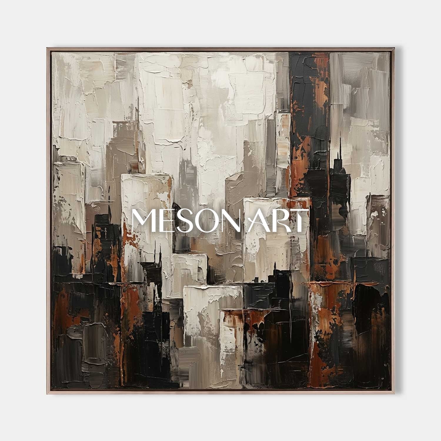 Abstract City Skyline Plaster Art With Thick Textured Relief For Industrial Loft Living Room