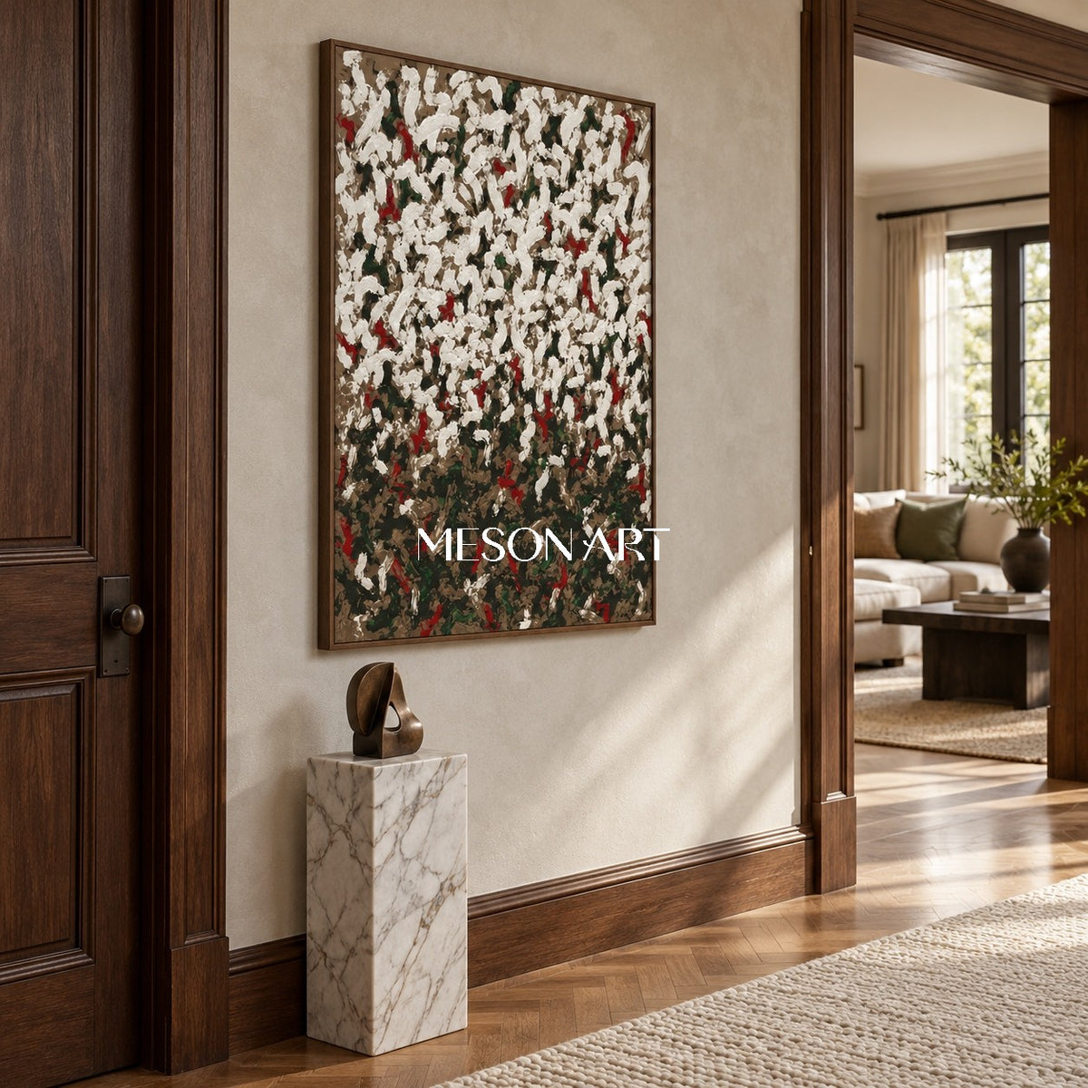 White And Green Abstract Wabi-Sabi Impasto Palette Knife Rectangular Wall Art For Living Room By Mesonart