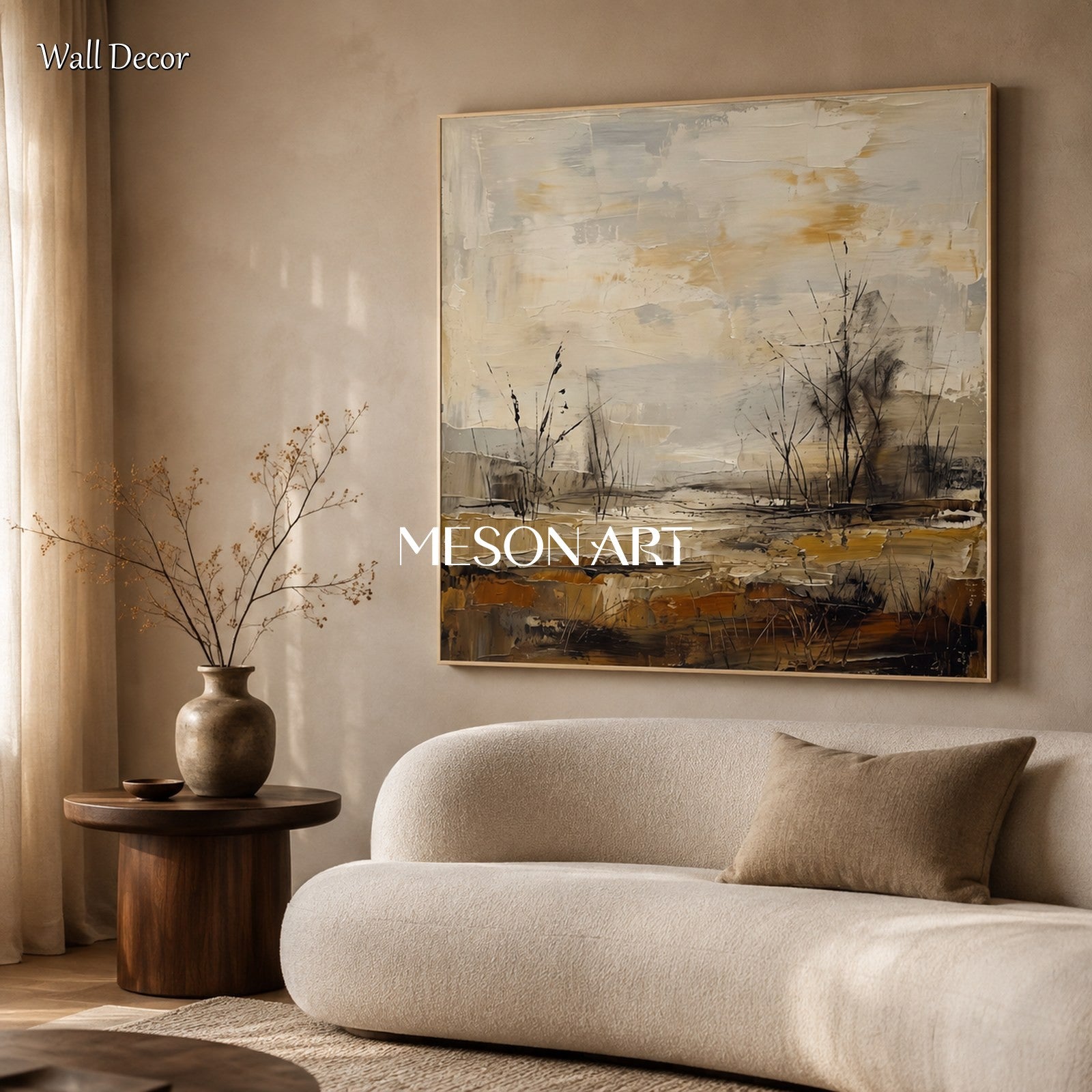 Beige And Brown Neutral Landscape Art Square Wall Painting Original Artist Hand Painted For Living Room By Mesonart