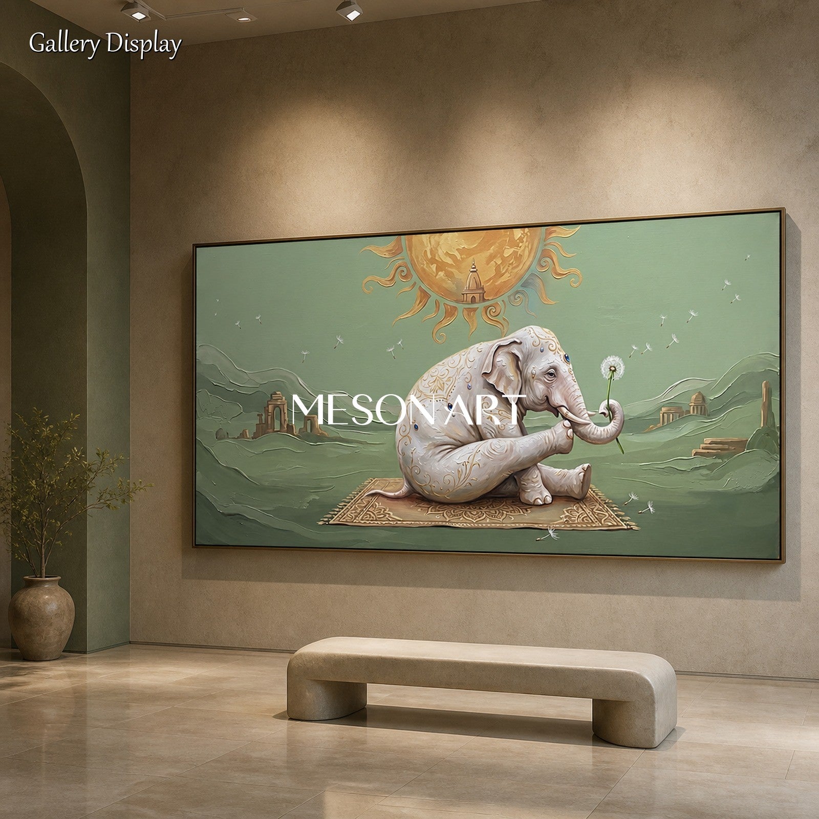 Green And Gold Surrealist Art Yoga Elephant Original Artist Panoramic Wall Decor For Living Room By Mesonart