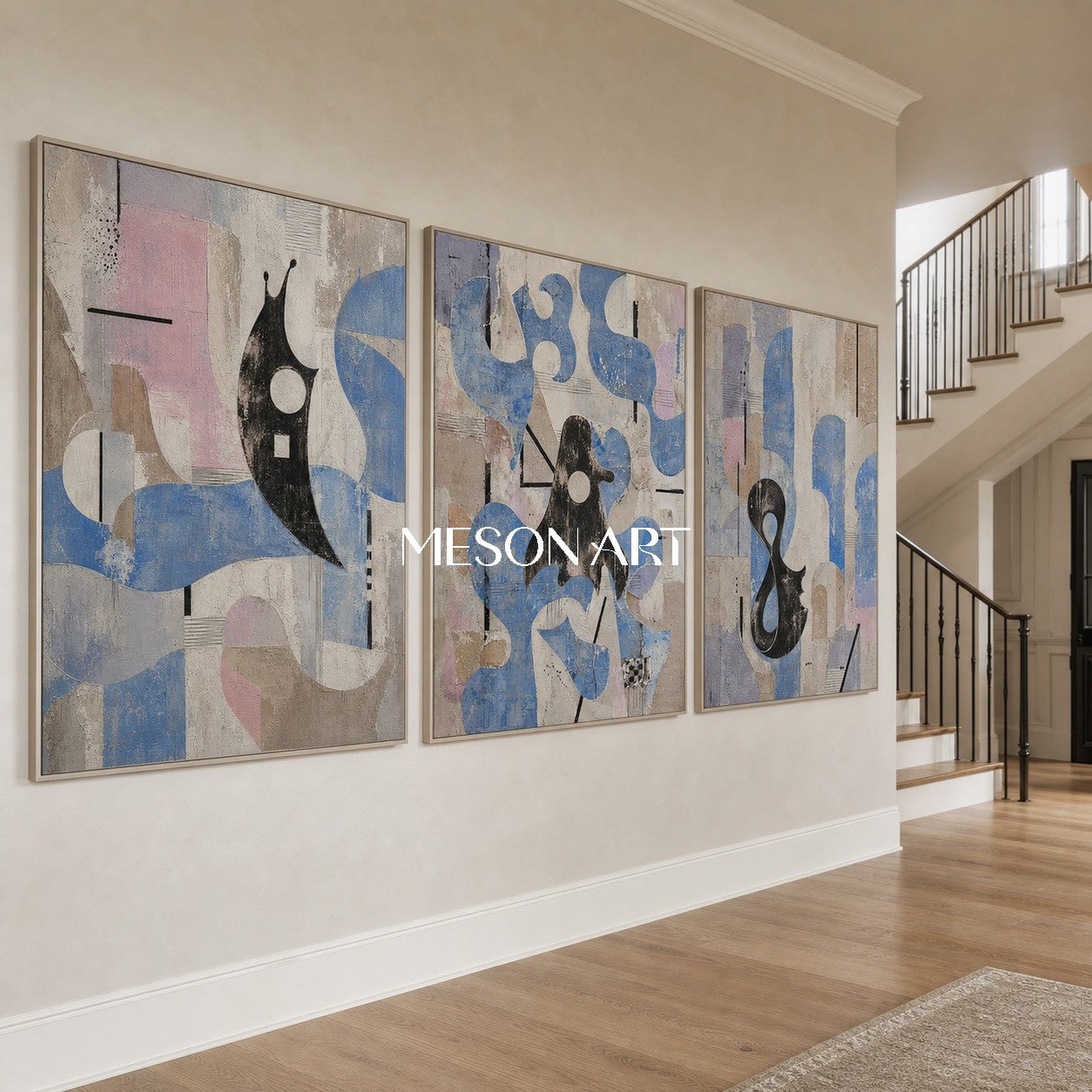 リビングルームのための抽象的なブルーベージュトリプティクウォールアートモダンミニマル絵画