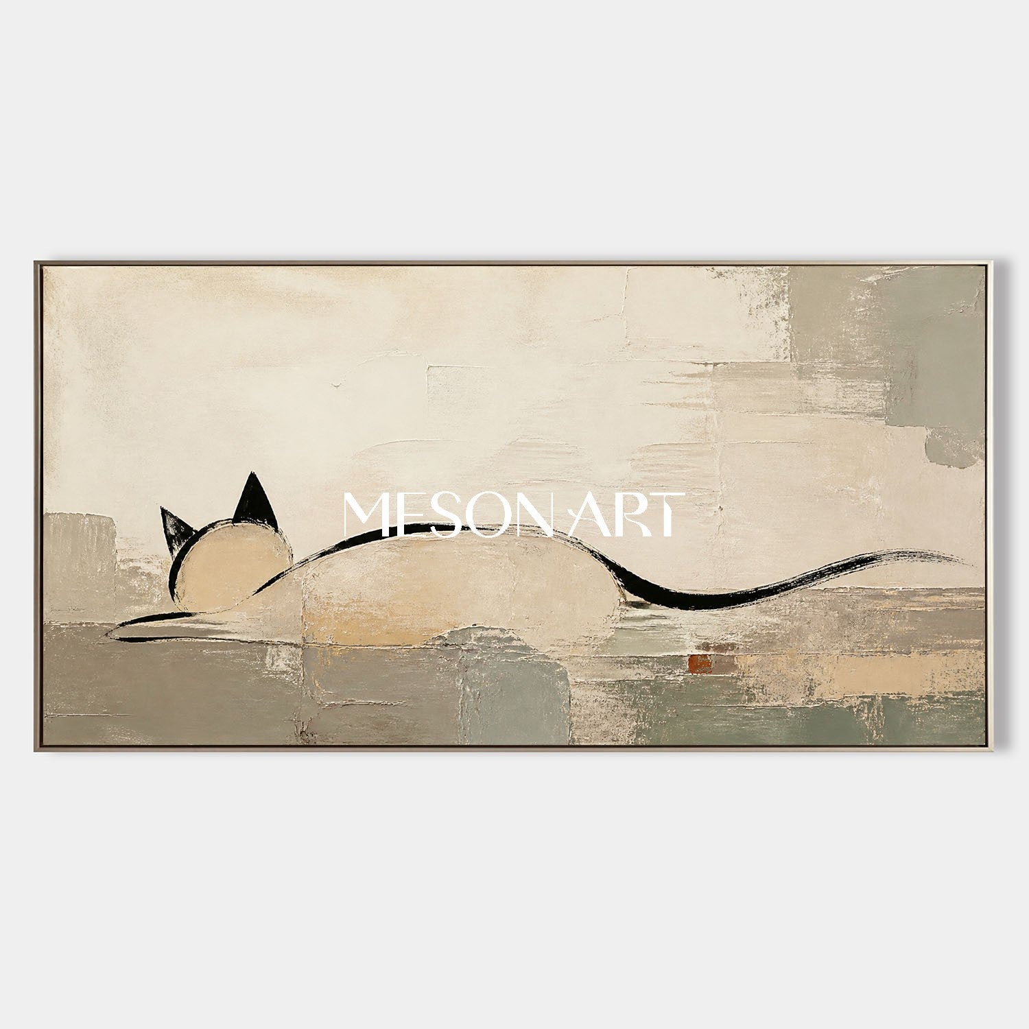 Minimalist Cat Wall Art Large Abstract Painting Beige Black Tones For Modern Living Room Decor