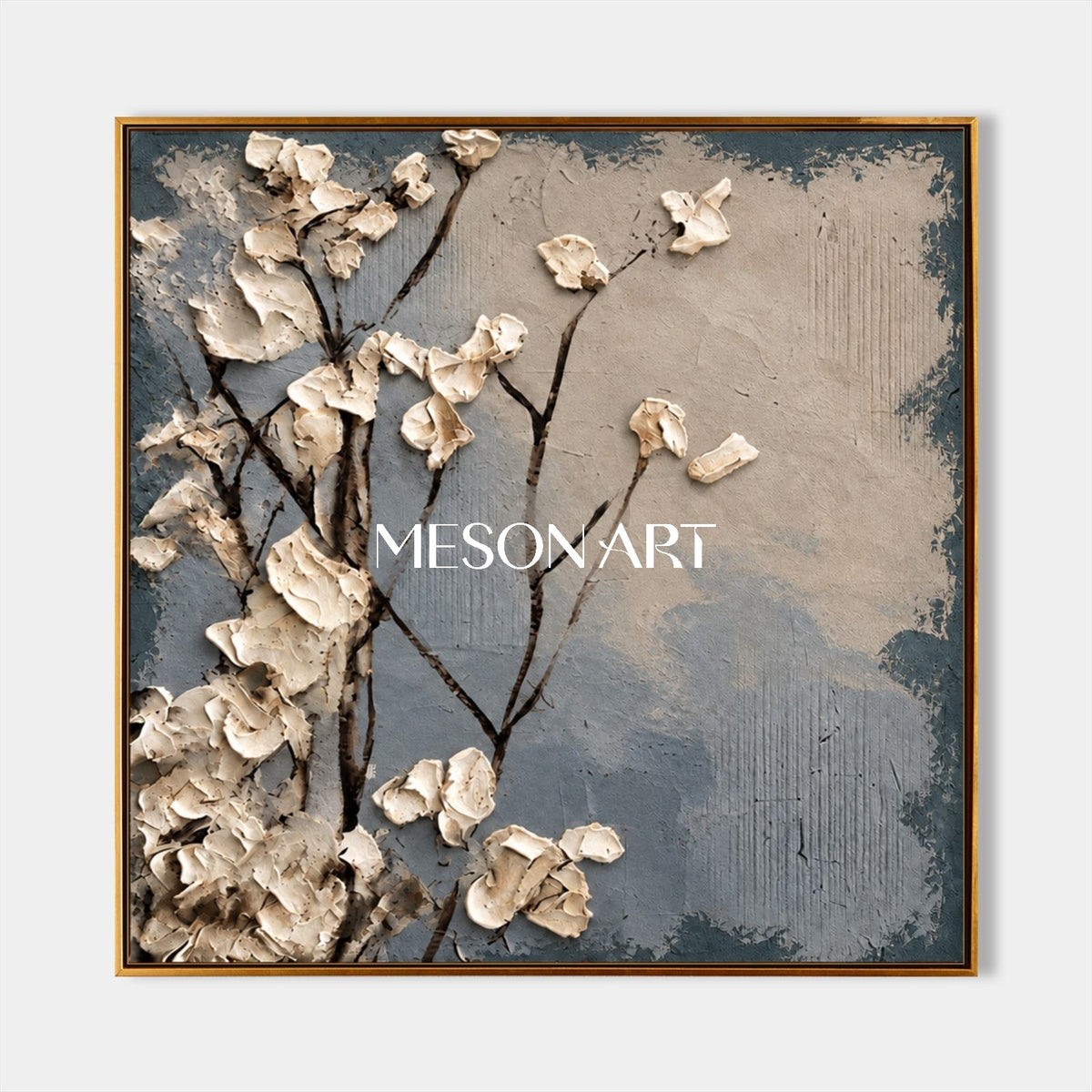 Blue And Cream Floral Impasto Textured Rectangular Wall Art For Bedroom Original Artist By Mesonart