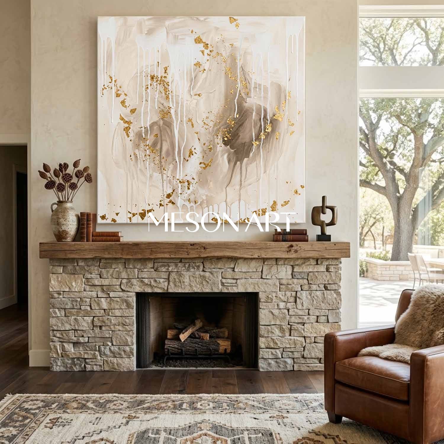 Gilded Abstract Painting With Gold Leaf For Elegant Living Room Decor